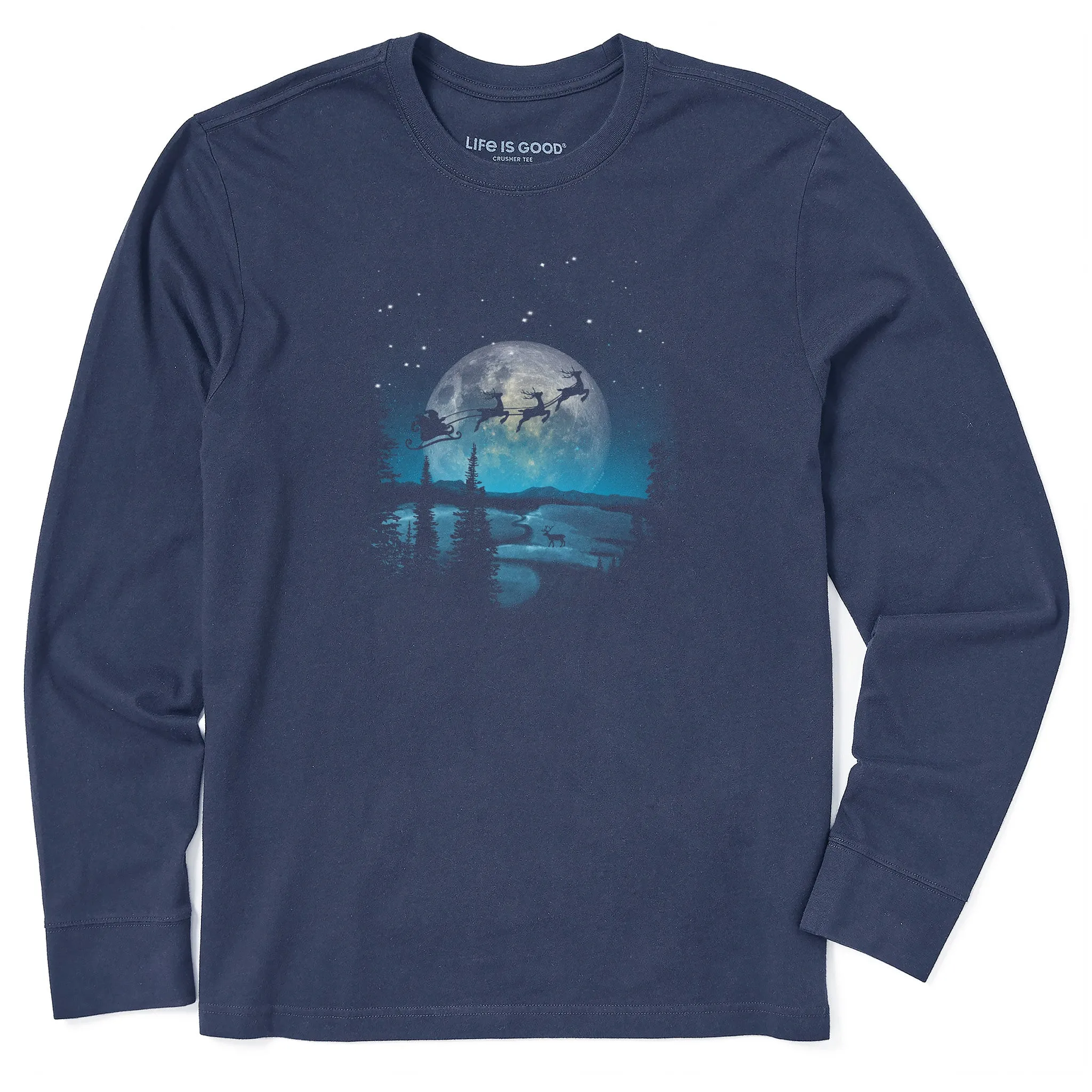 Men's Santa Moonlight Ride Long Sleeve Crusher Tee Water Based Ink discount offer