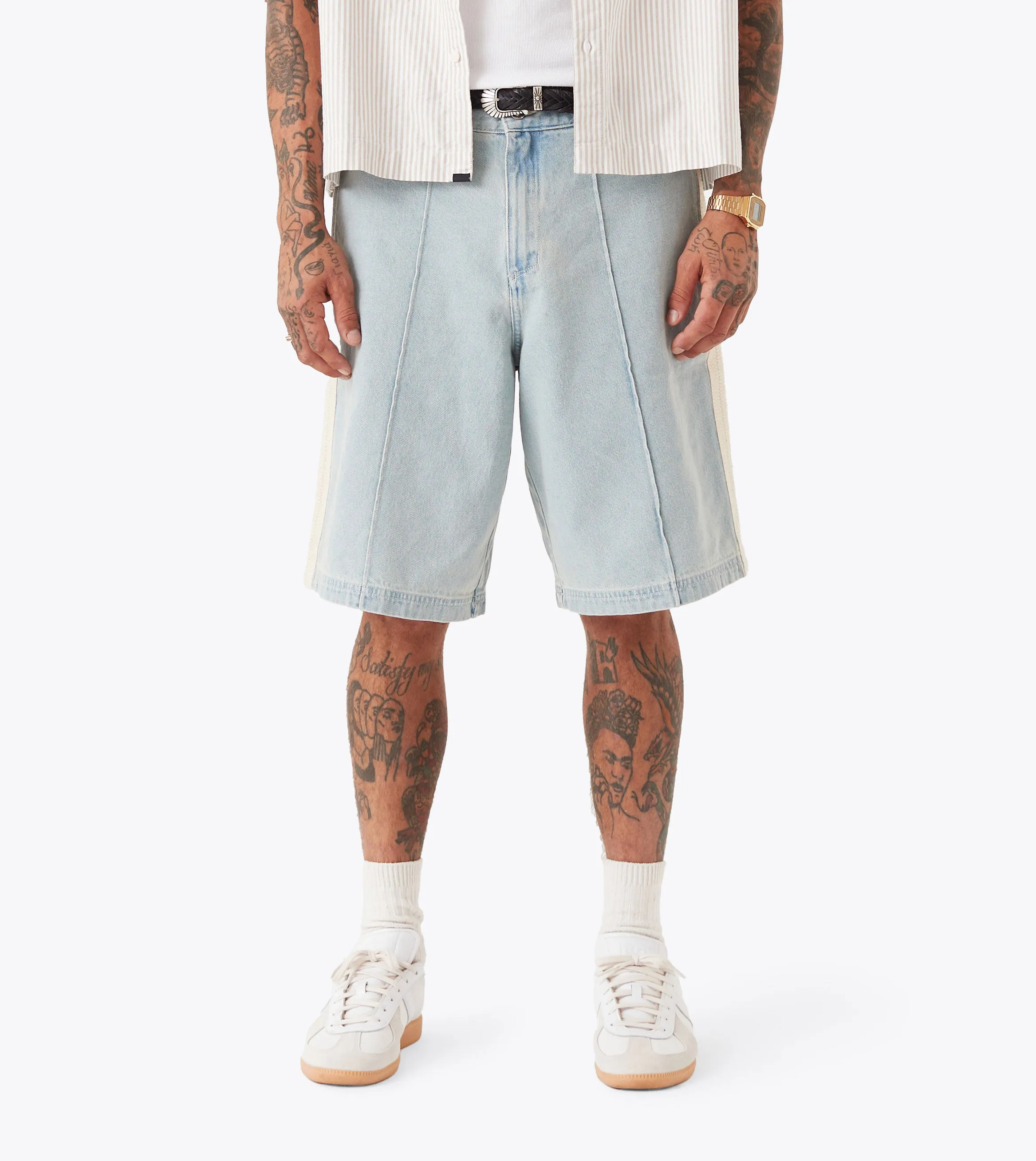 Stitched Pintuck Denim Short LT Blue Compression Fit
