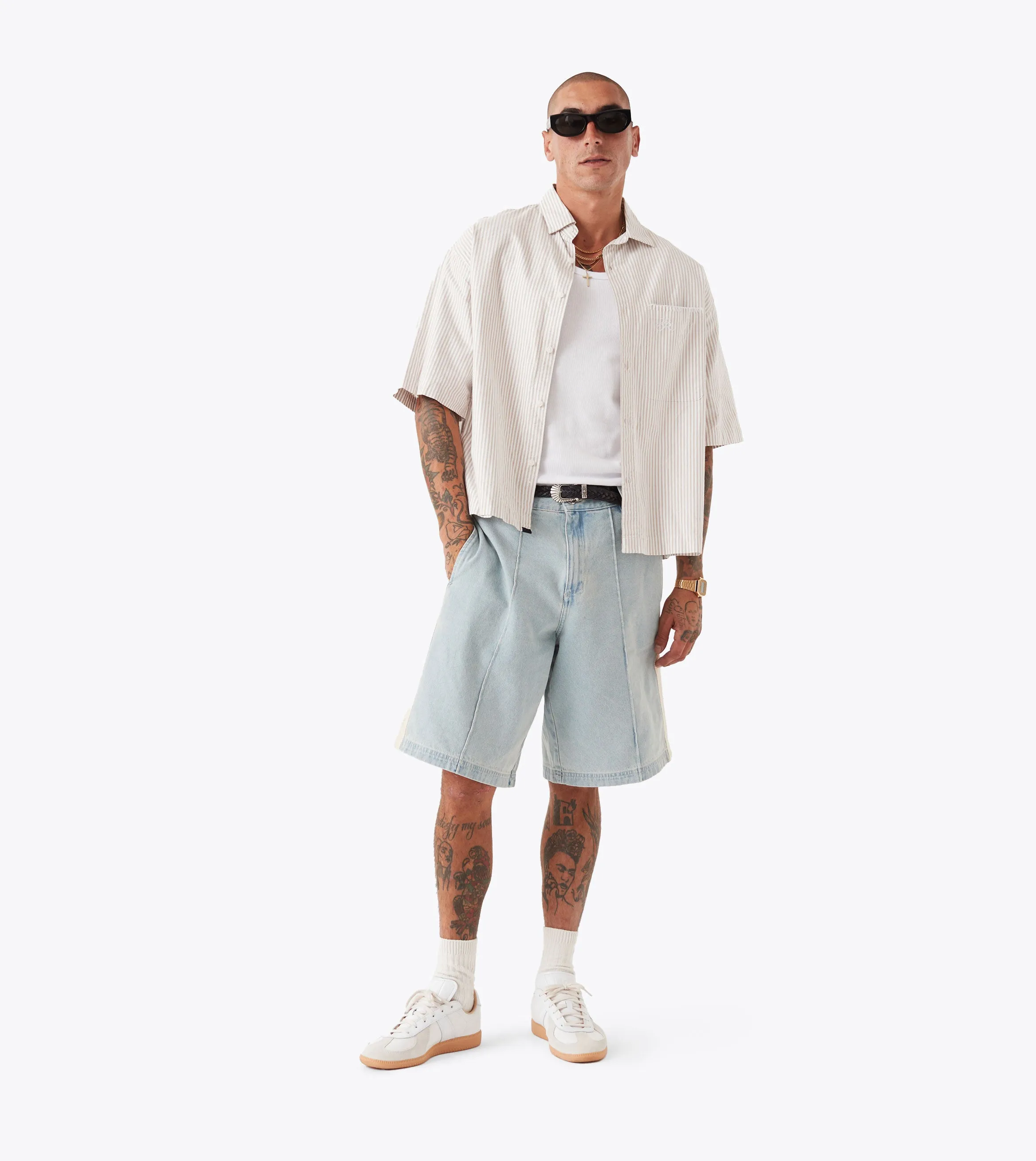 Stitched Pintuck Denim Short LT Blue Lightweight Comfort