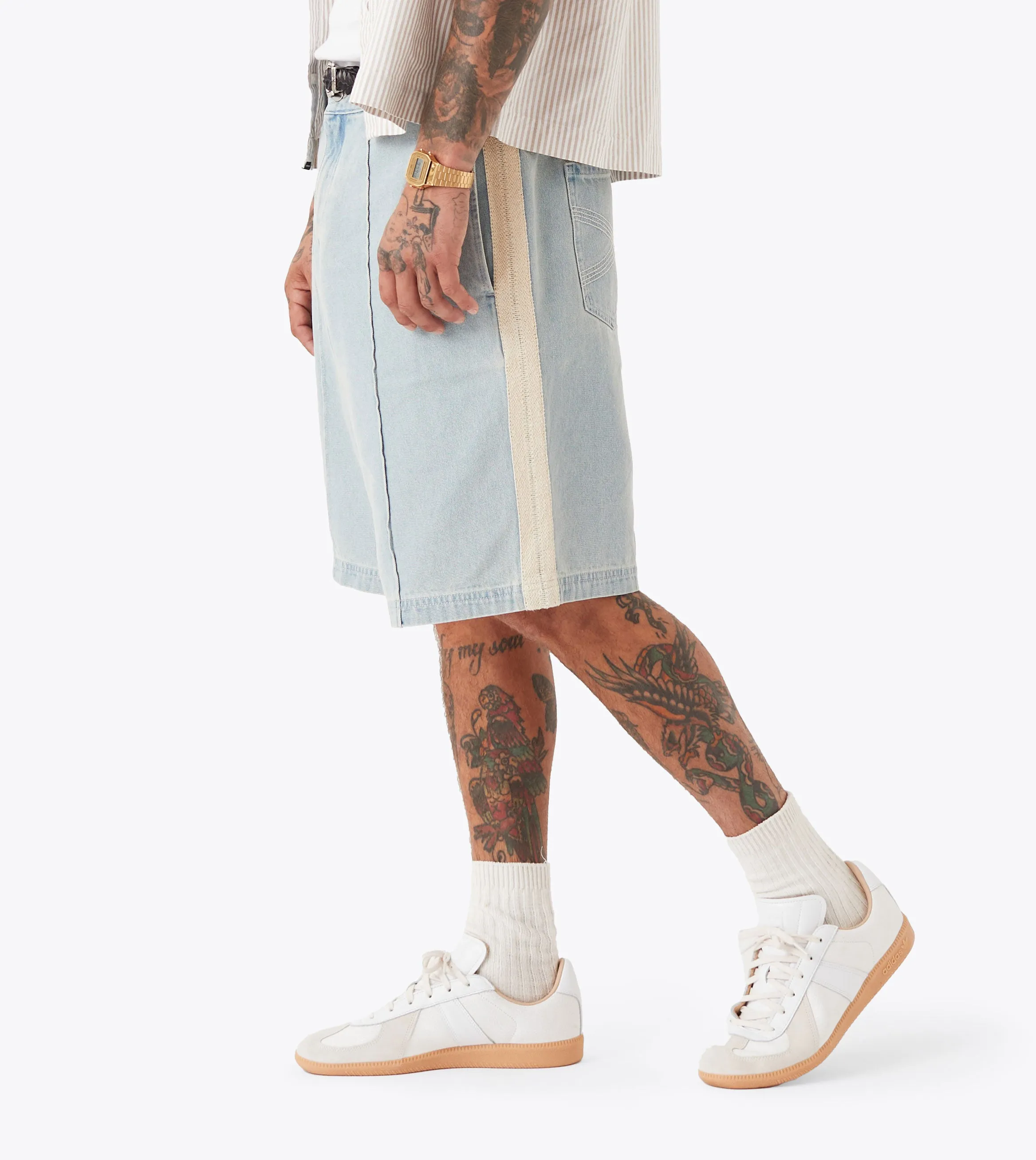 Beach Vibes Linen blend Stitched Pintuck Denim Short LT Blue