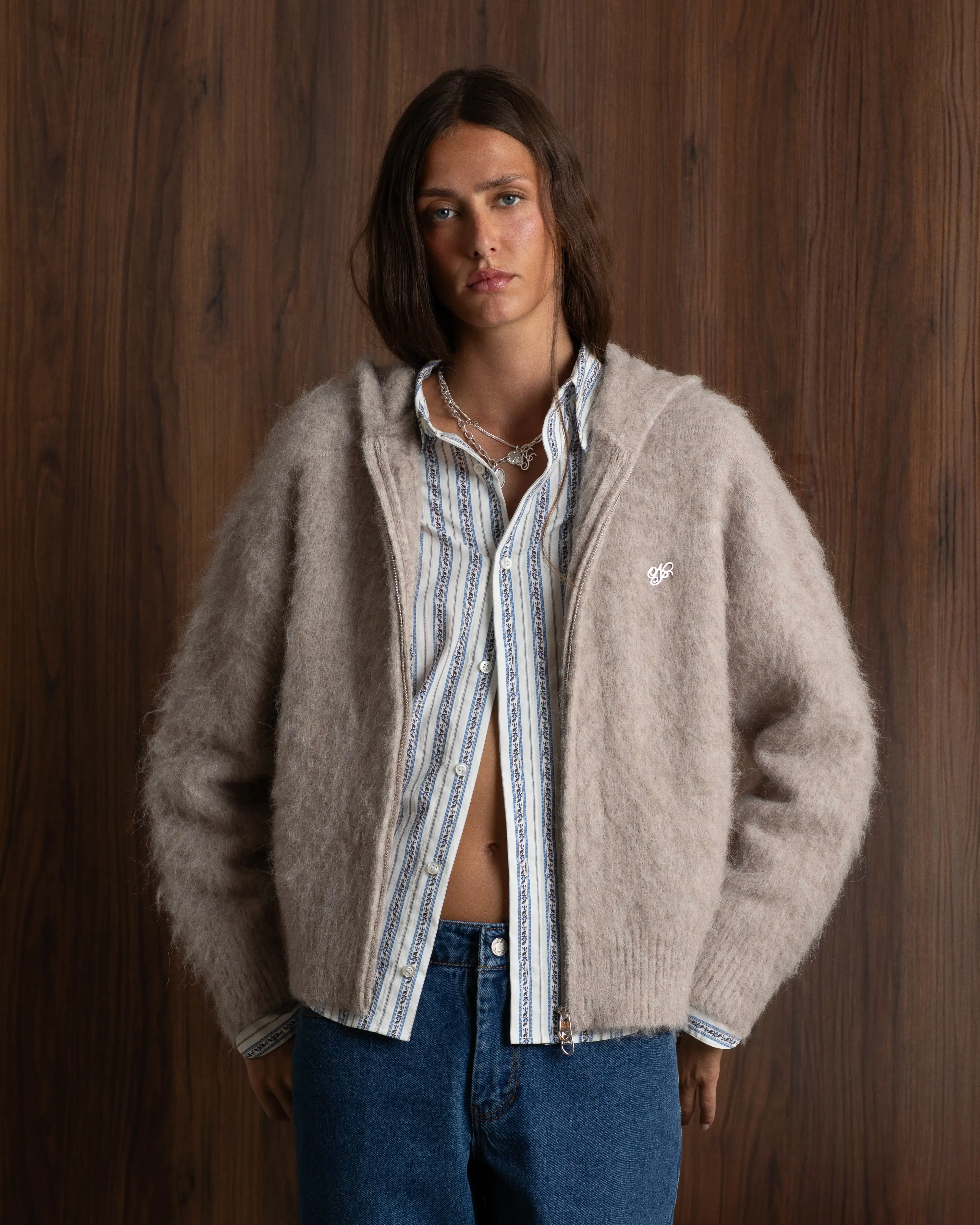 Mid layer ShrinkageResistant Weave Alpachino Zip-Up Knit Beige