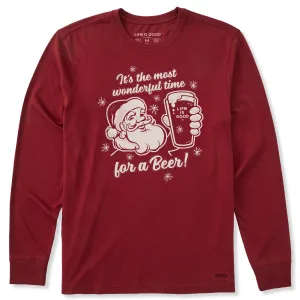 Men's Time for a Beer Santa Long Sleeve Crusher Tee Tubular Knit Structure Pre Shrunk Cotton