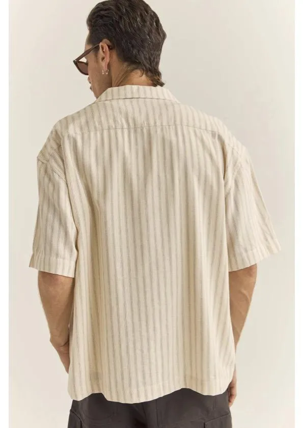 Relaxed Stripe Short Sleeve Shirt Natural Sustainable Material Blend Drop Shoulder Design