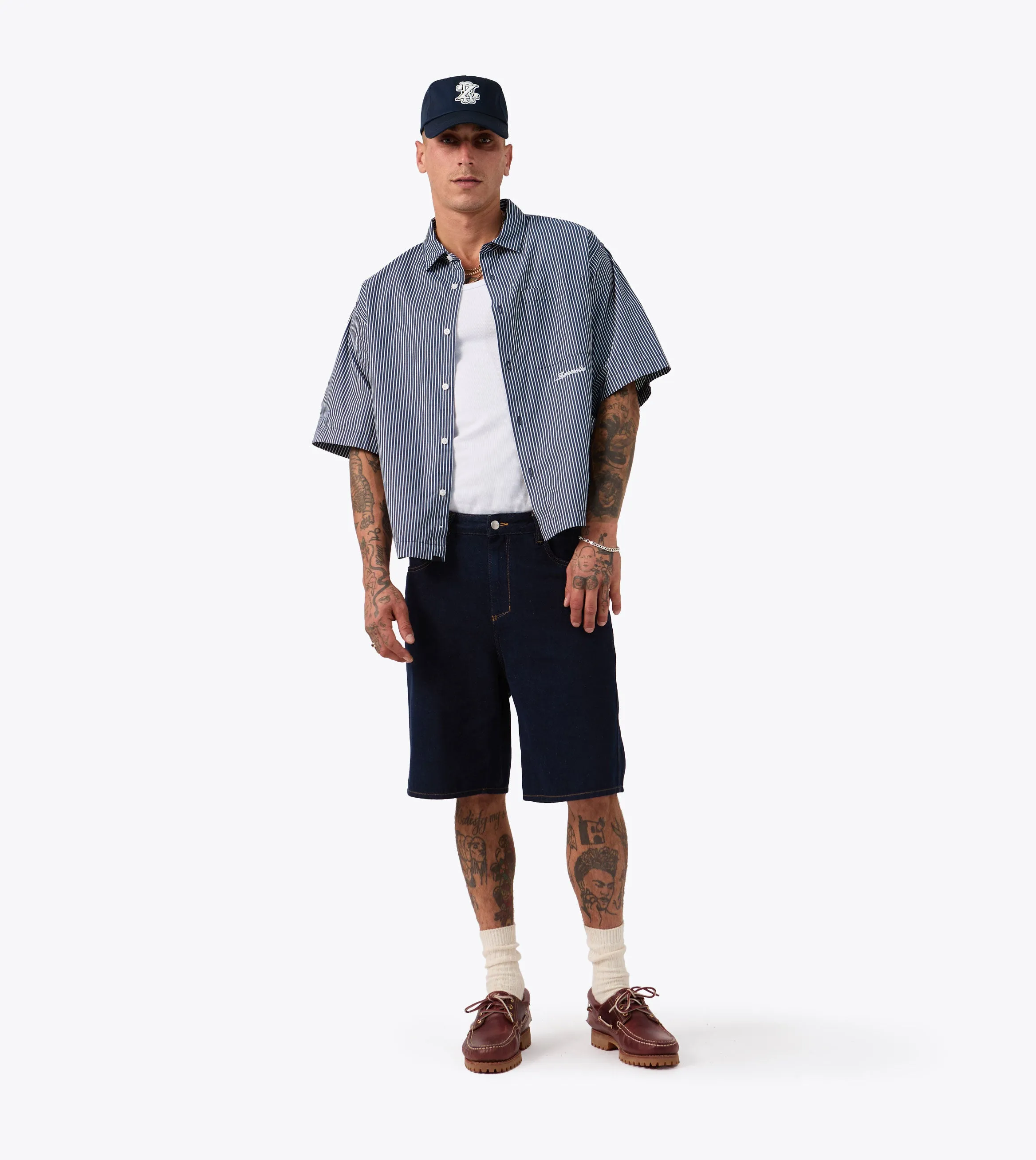 Box Crop Shirt Navy Stripe Breathable Lining WeightlessLayeringPiece