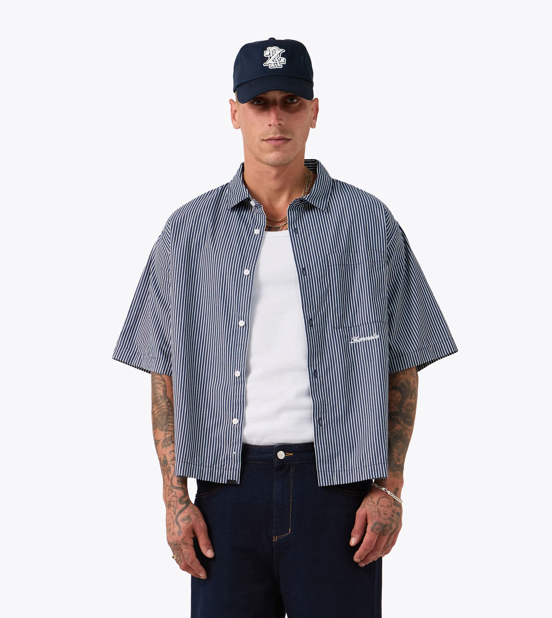 Box Crop Shirt Navy Stripe Zoom Proper DoubleStitchReinforcement