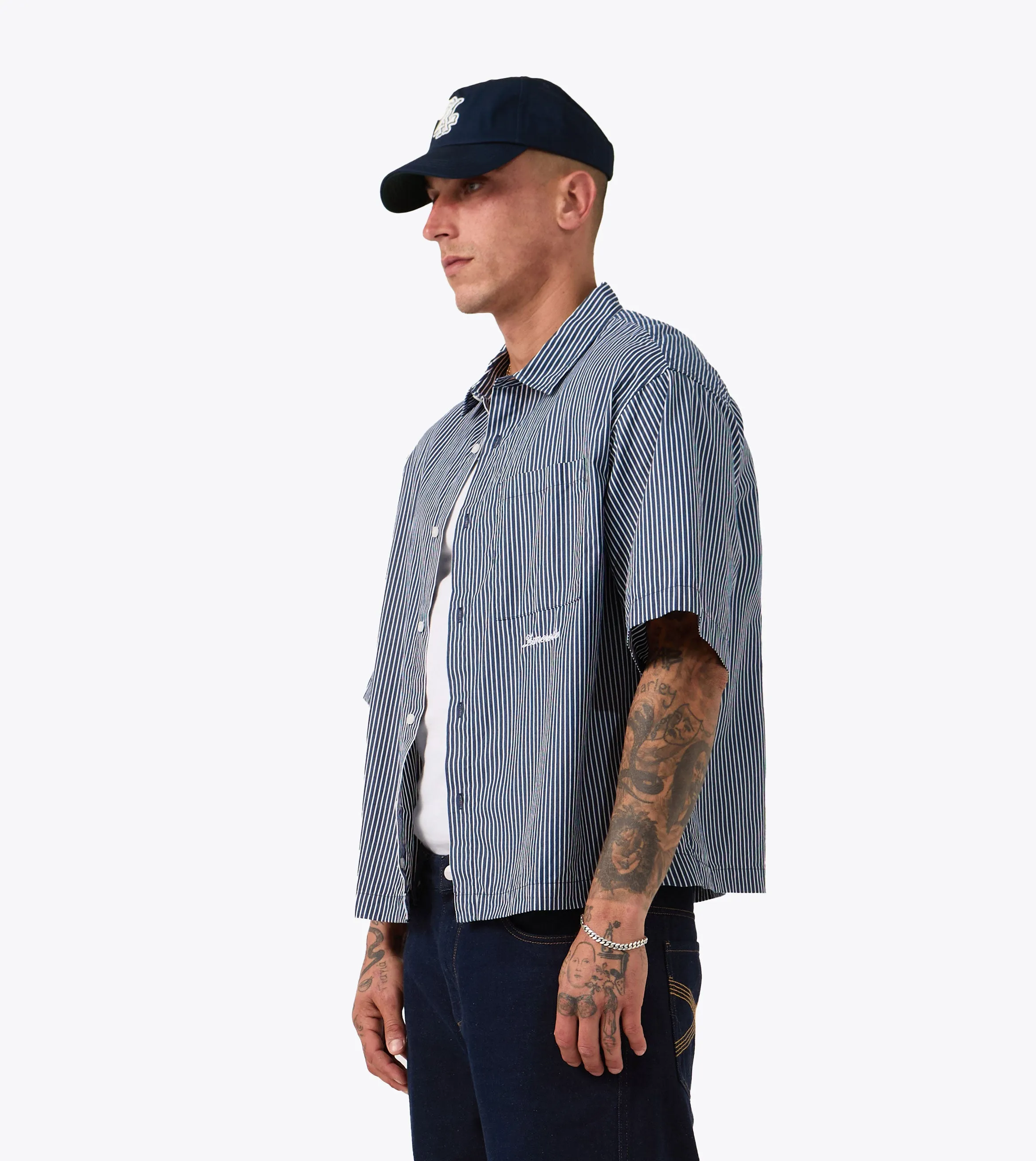 Box Crop Shirt Navy Stripe Trendy Jacket PressureRelief Seams