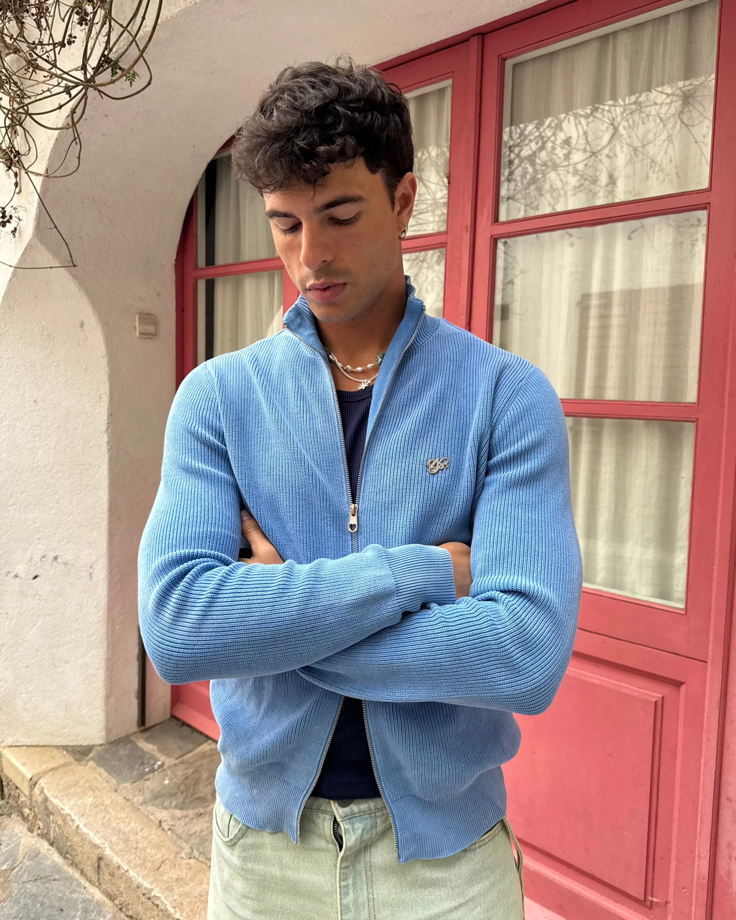 Luxe Layer windy days Shady Zip-Up Knit Cardigan Blue