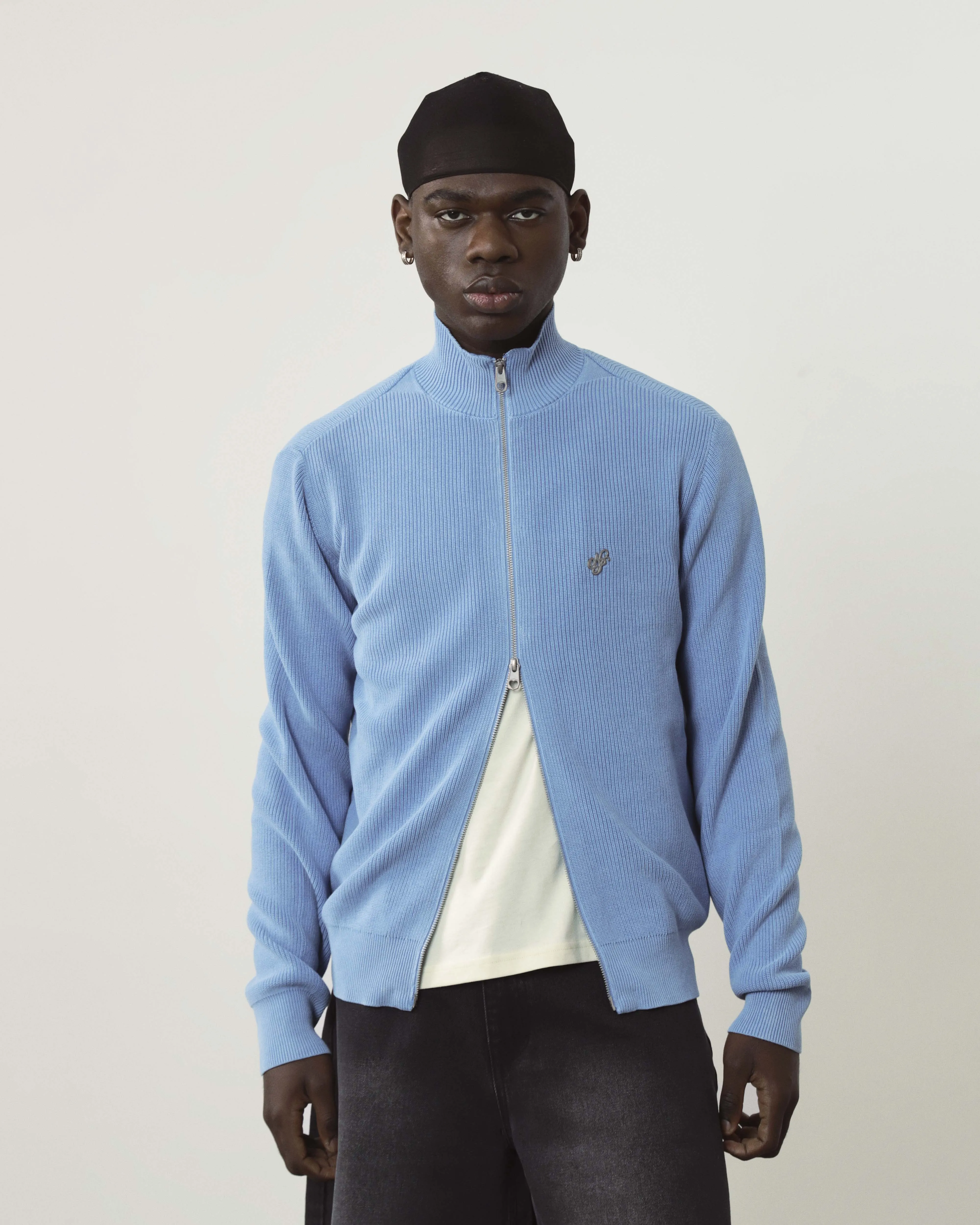 Shady Zip-Up Knit Cardigan Blue FadeResistant Yarn