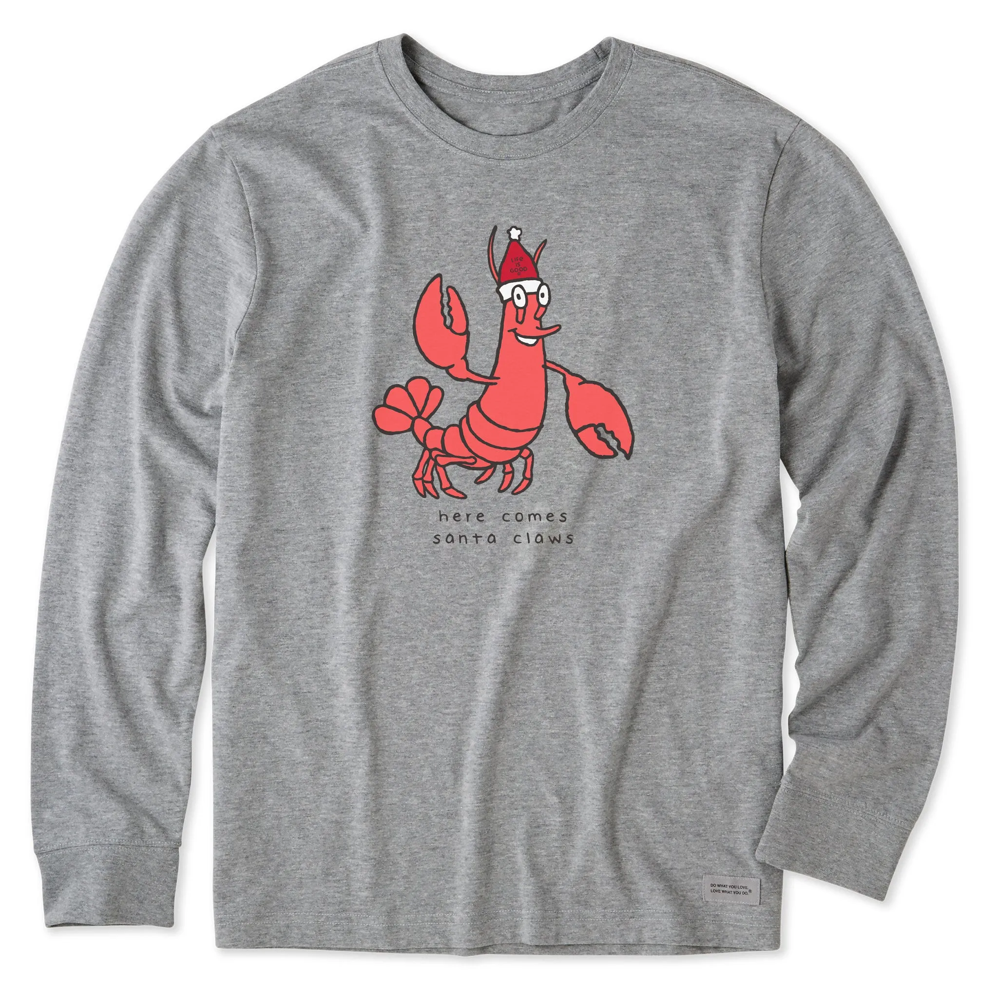 Men's Here Comes Santa Claws Lobster Long Sleeve Crusher Tee Embroidered Details Chic And Comfortable