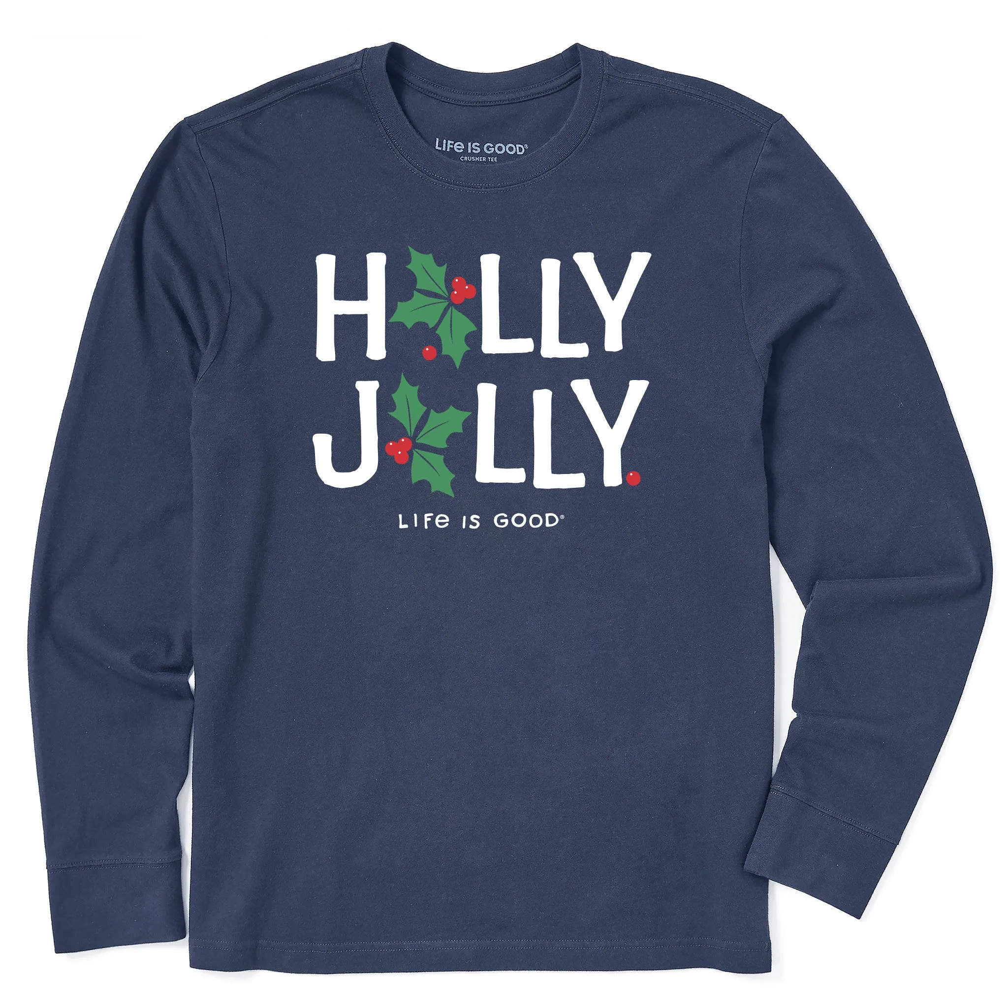 Men's Holly Jolly Long Sleeve Crusher Tee DoubleStitchedHem Simple and Relaxed