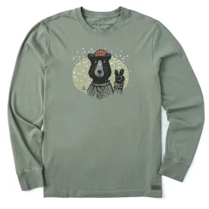 Soft Breathable Men's Snowy Peace Sign Bear Long Sleeve Crusher Tee