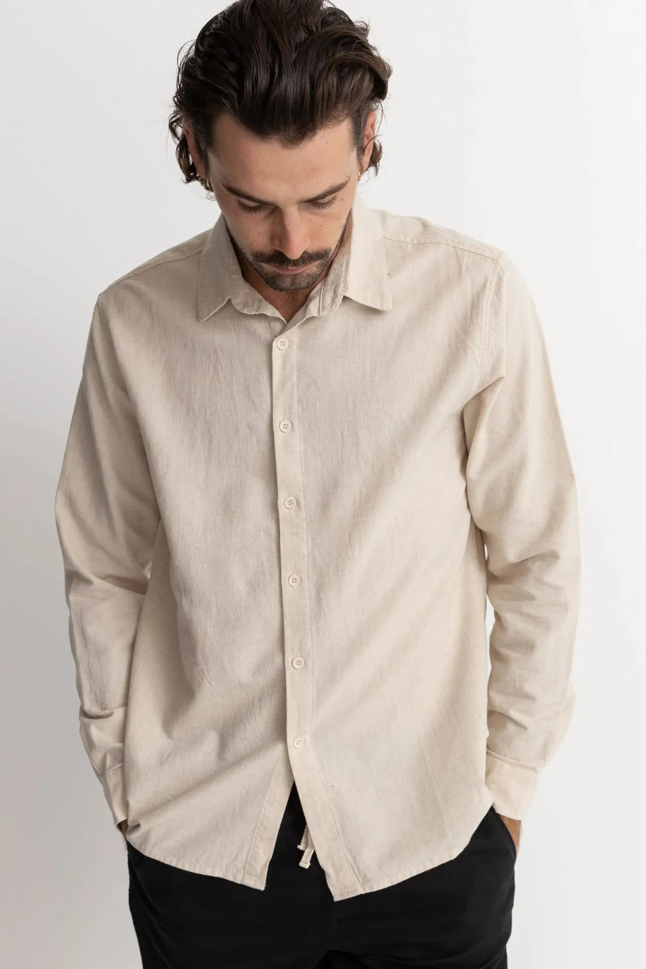 Classic Linen Long Sleeve Shirt Sand Soft Feel Retro