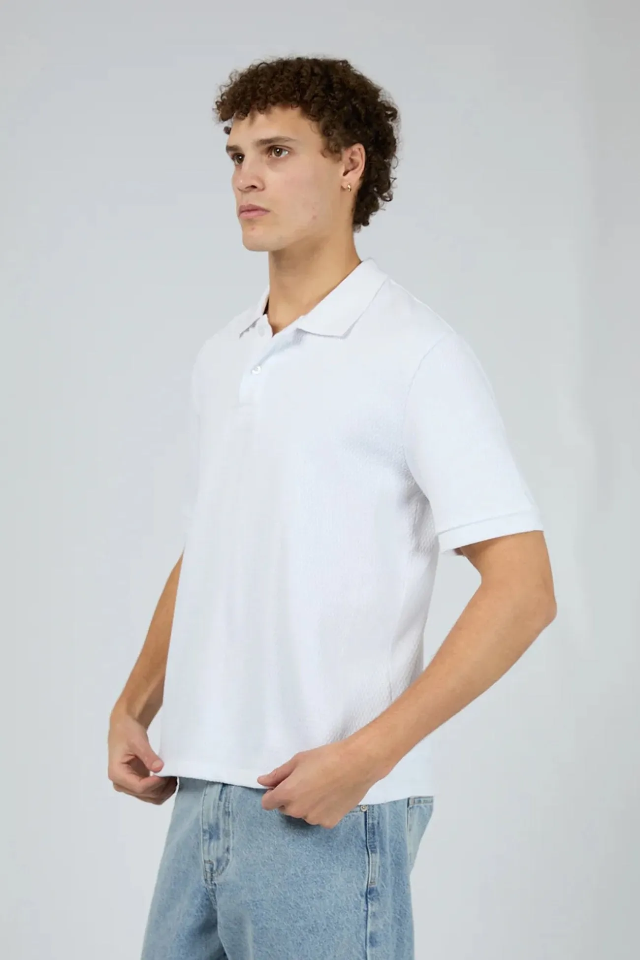 Waffle Polo White Casual Essentials Wear