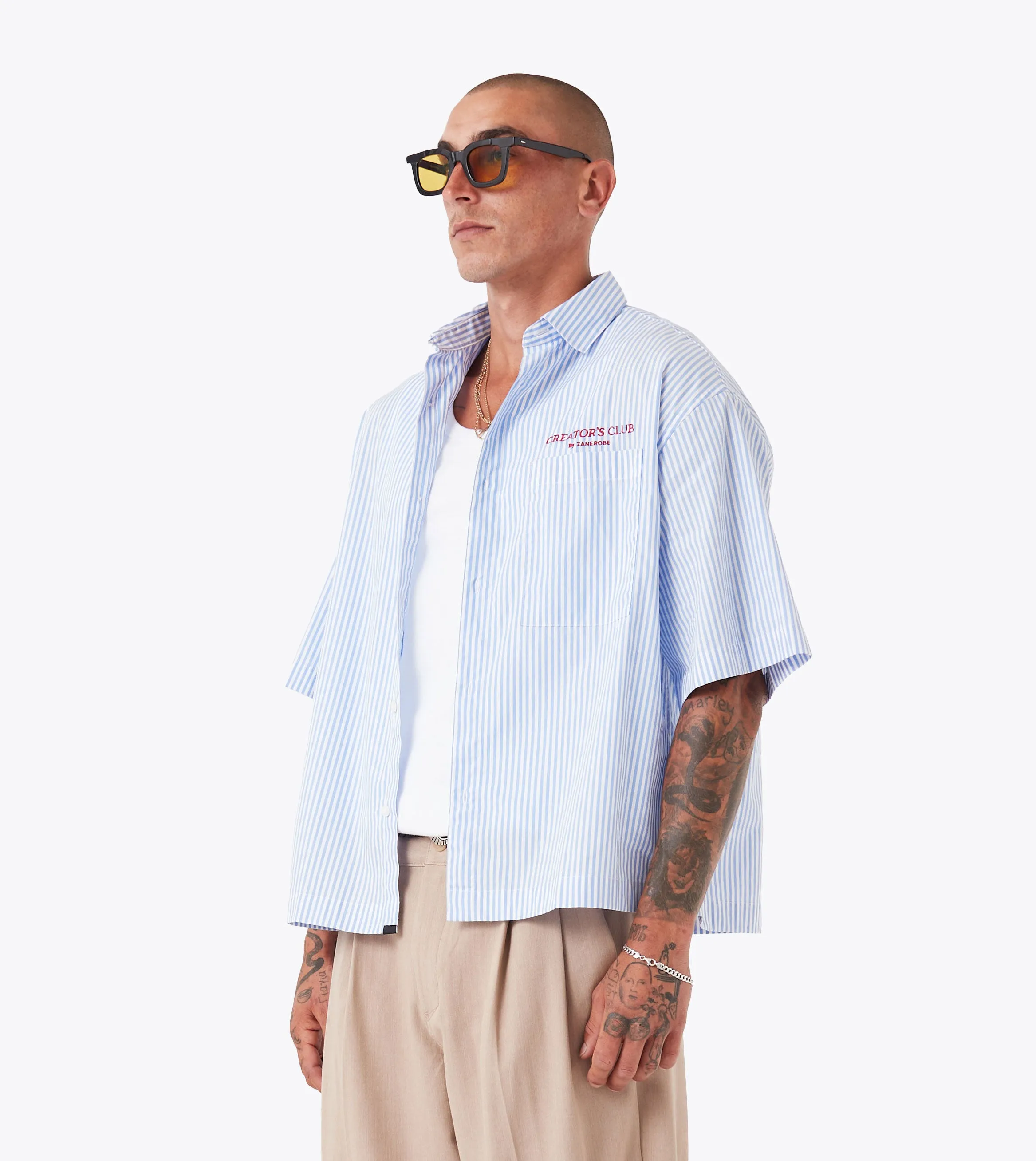 Sun shield Creator's Club Box Crop Shirt Blue Stripe