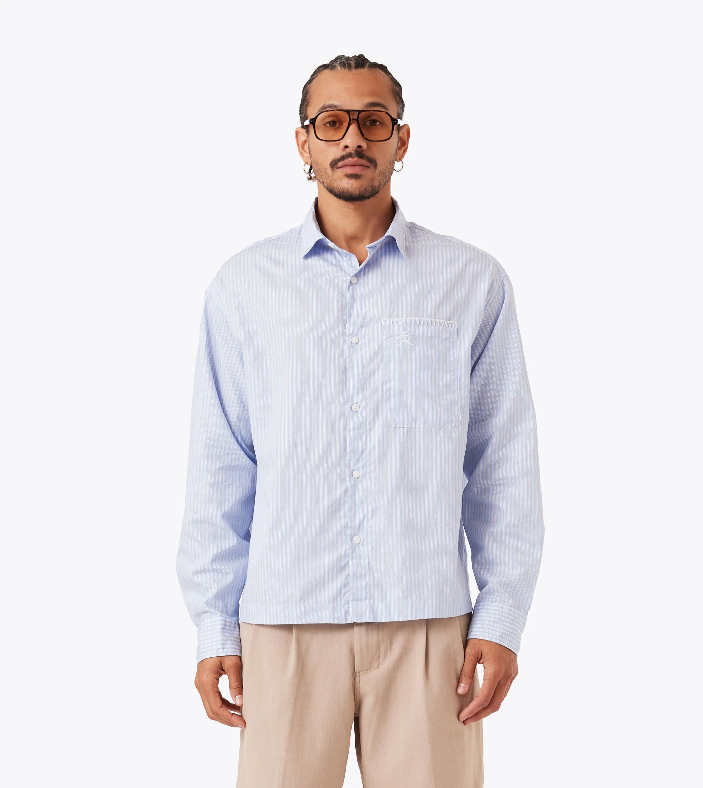 Box Crop LS Shirt Blue Stripe Sporty Joggers Formal Shirt