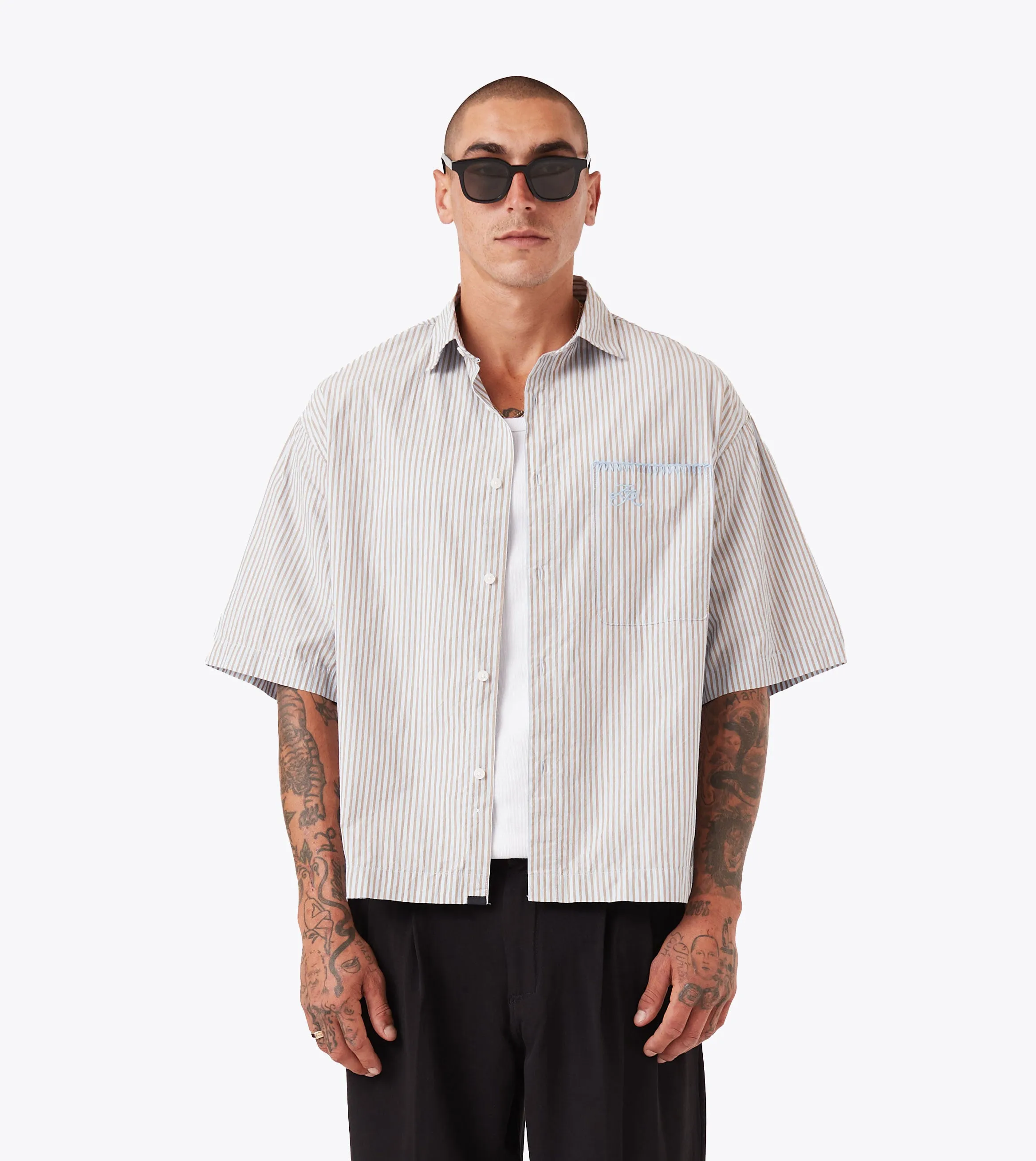 Retro cool Box Crop Shirt Brown/Sky Blue