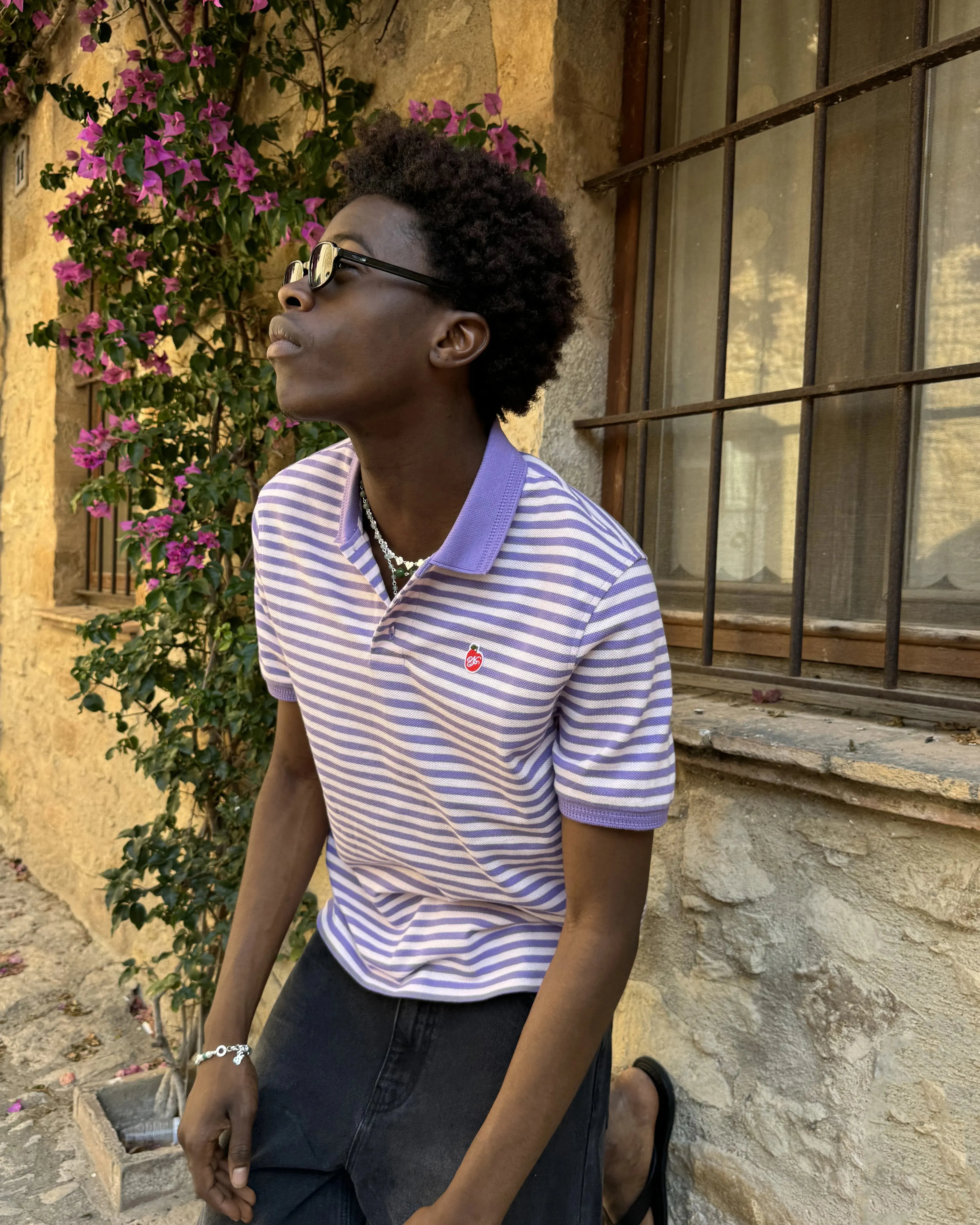 Sequin Glow Apple Crew Stripes Polo Purple