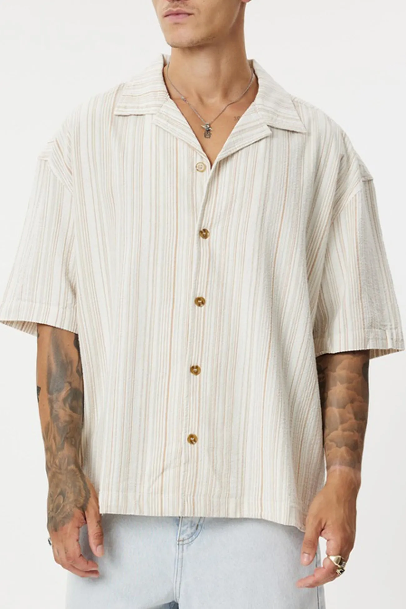 Trendy Comfort Wear Smooth Jersey Texture Benny Relaxed Stripe Short Sleeve Shirt Cream