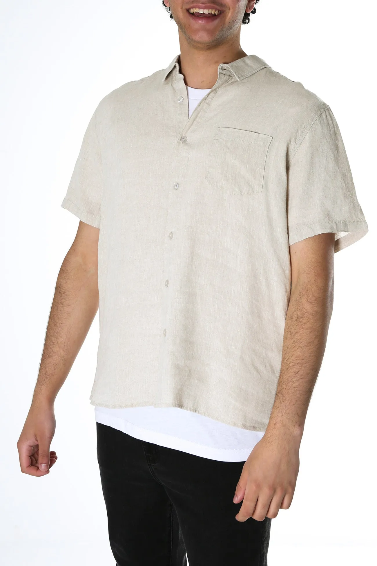 Linen Short Sleeve Shirt Natural Basic Top Work efficiency