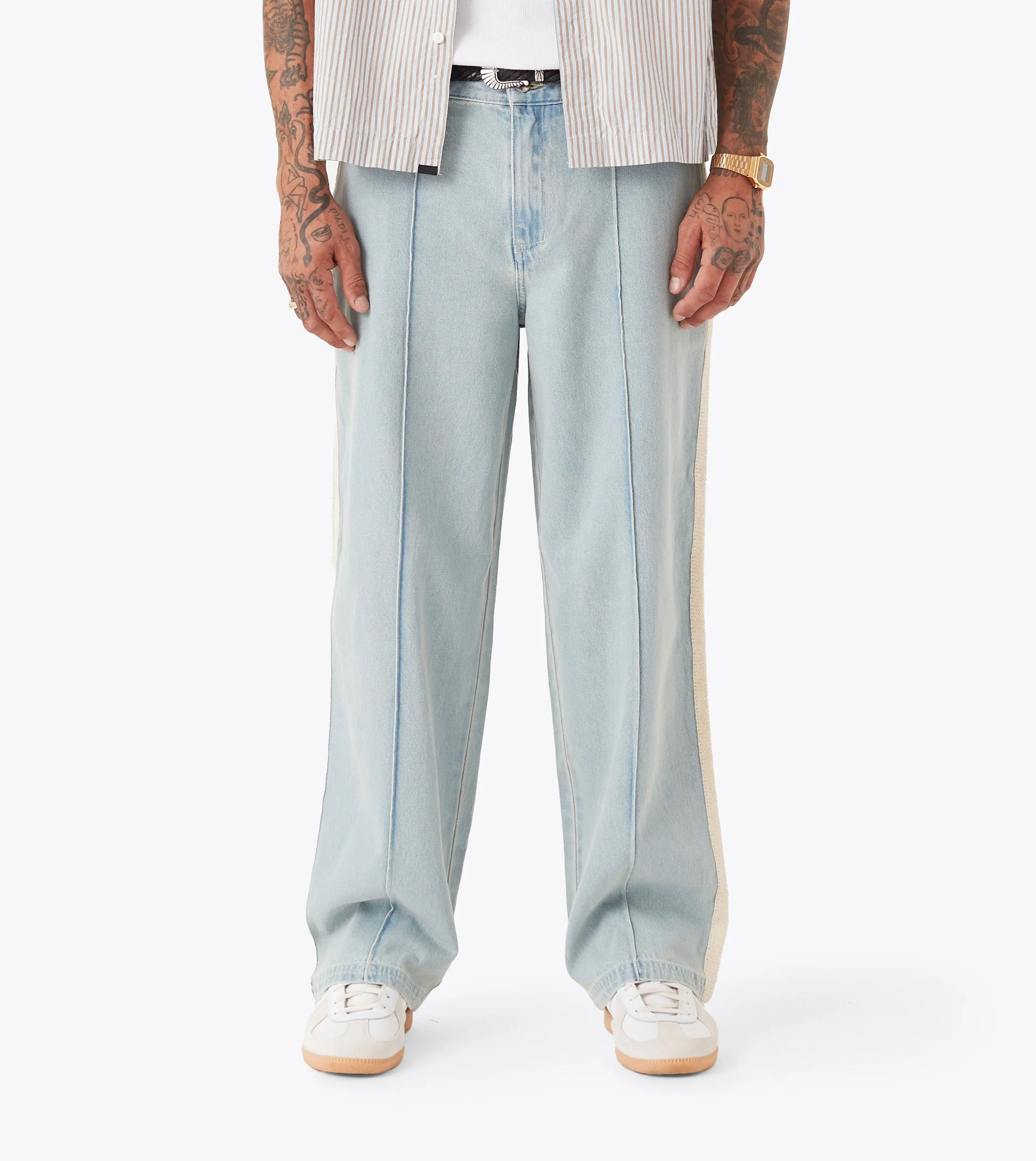 Stay Comfortable Stitched Pintuck Denim Pant LT Blue