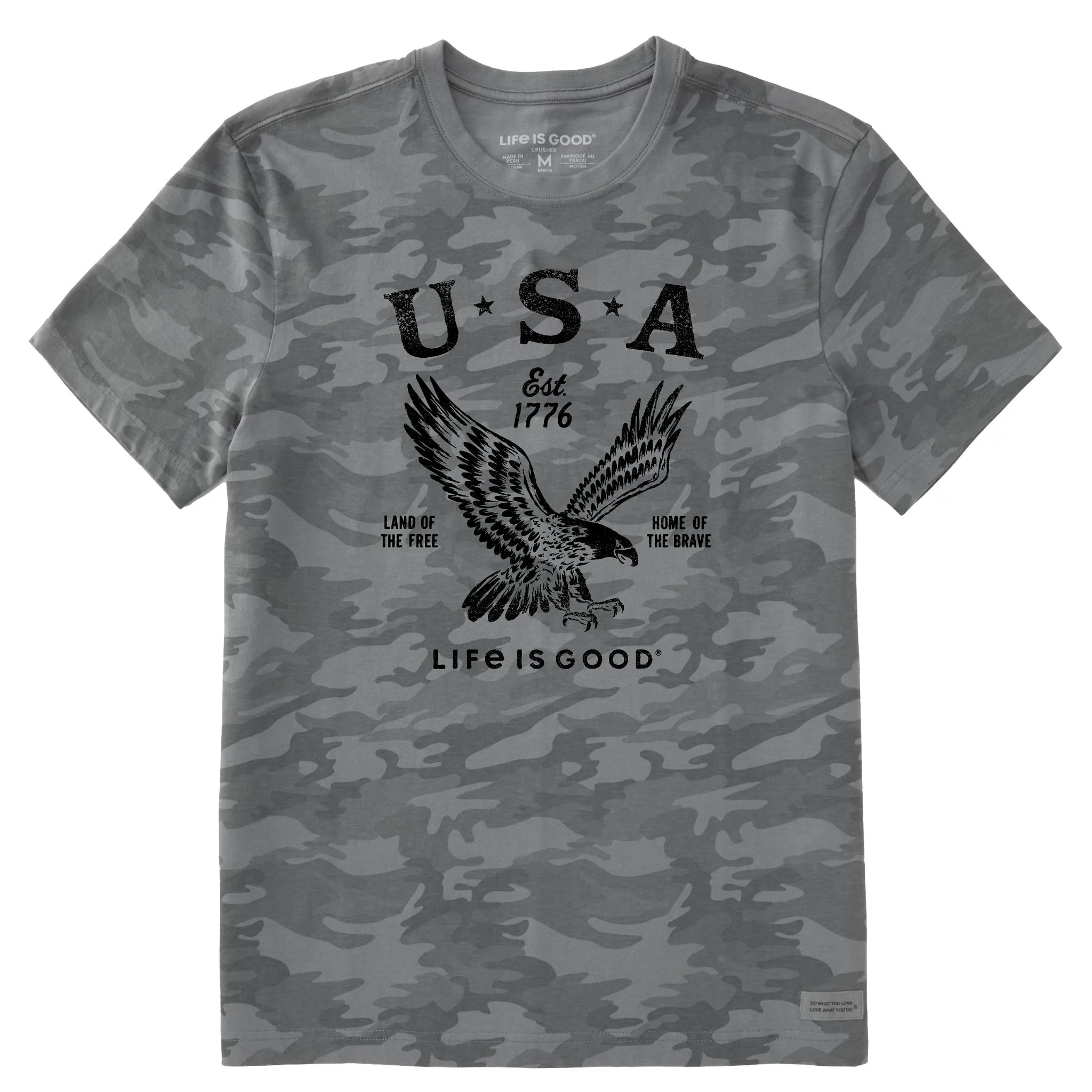 Men's USA 1776 Eagle Short Sleeve Allover Printed Crusher Tee Organic Cotton Durable Stitching