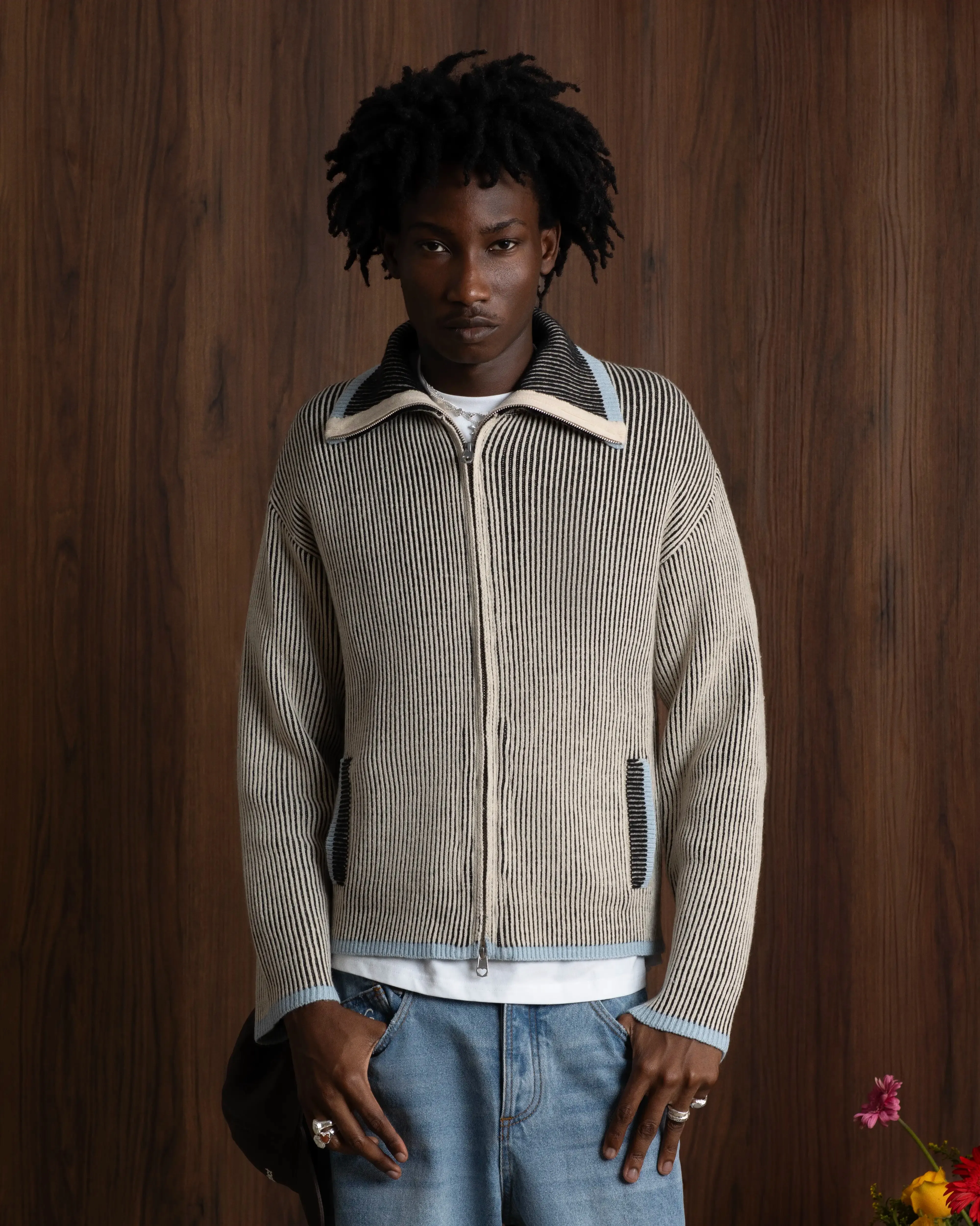 Layered Stitch Details Classy Zip-Up Knit Cardigan Blue