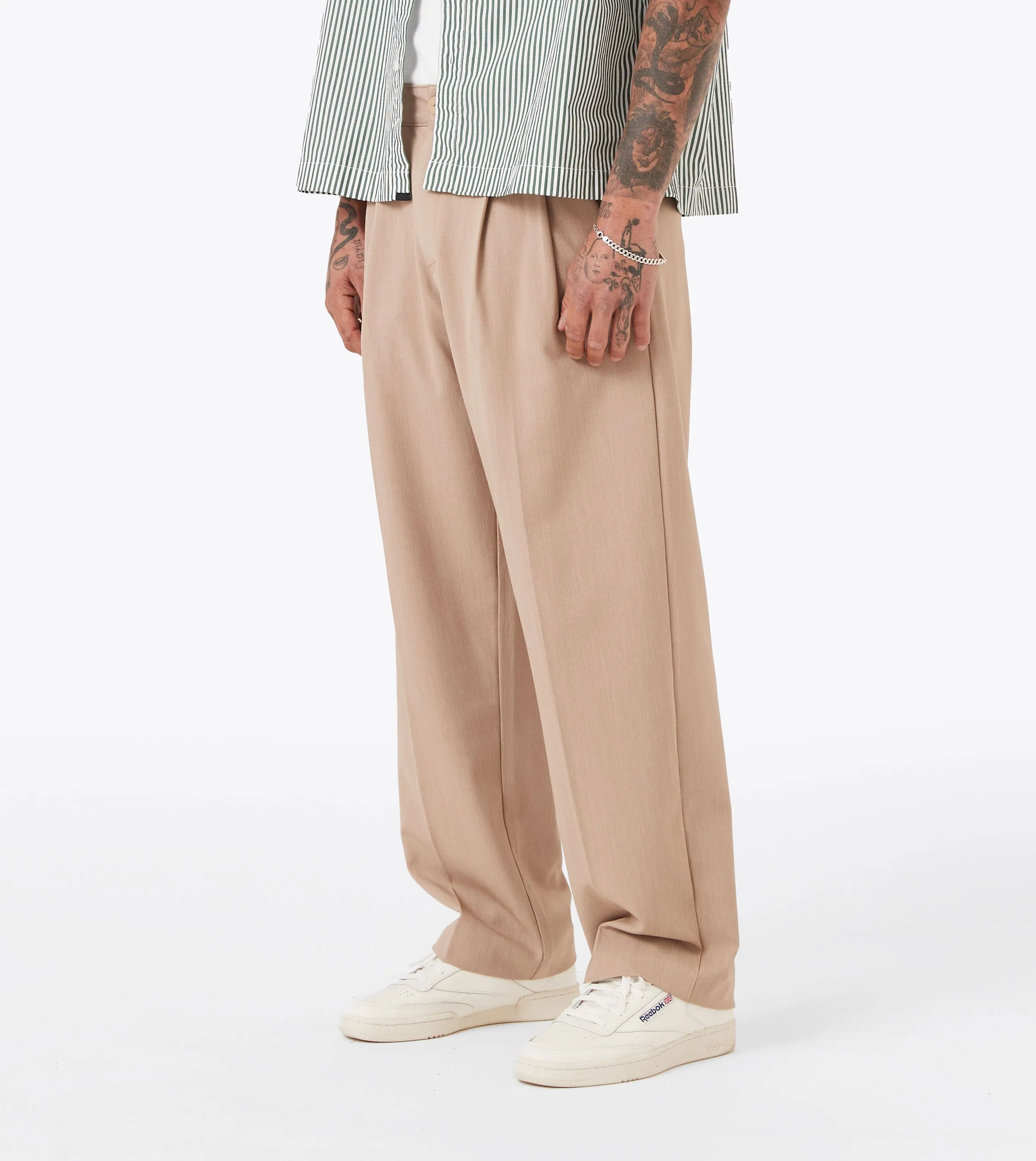 Herringbone Flow Pant Beige Hidden Zip Pockets Structured Hemline