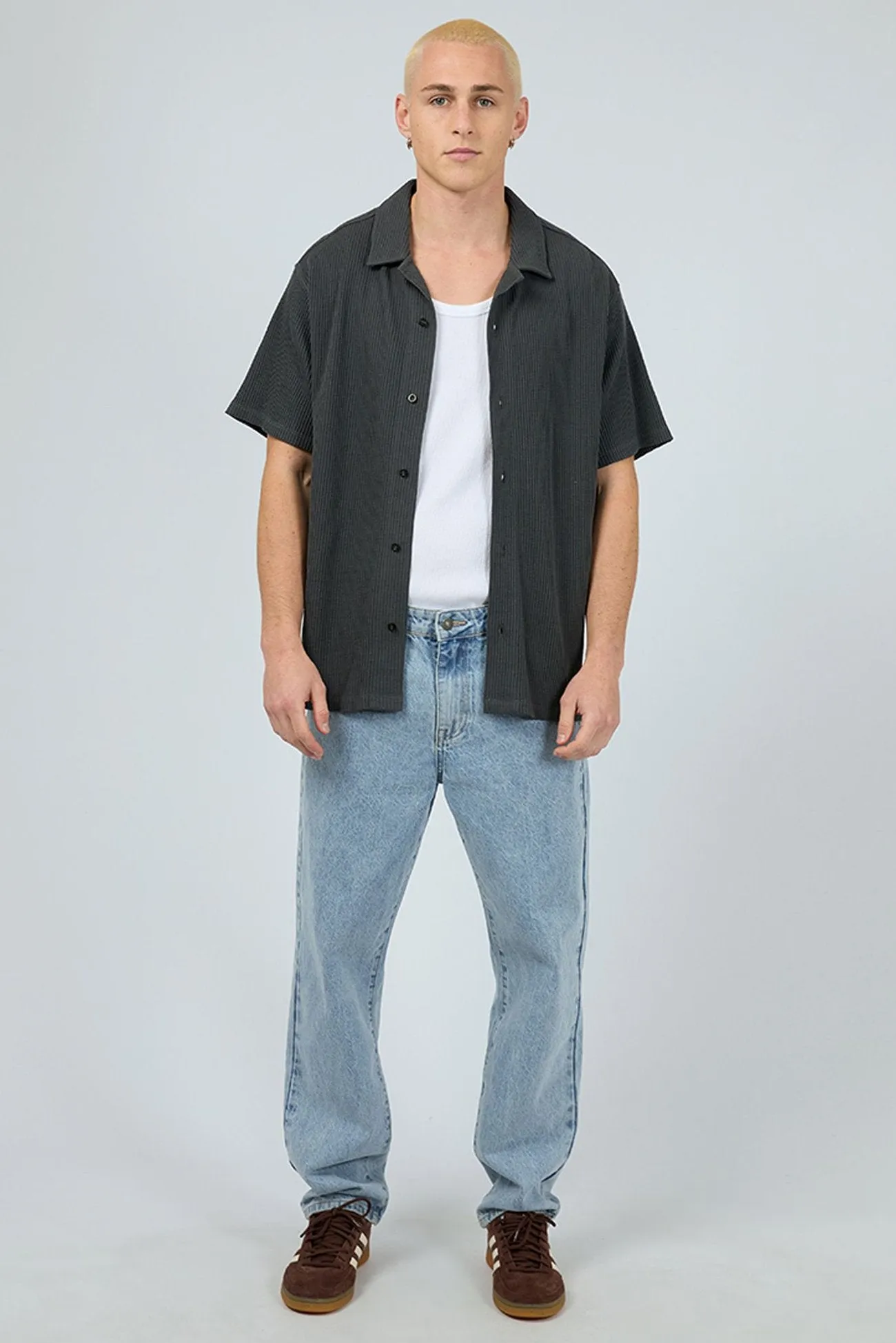 Oversized Cut Session Waffle Short Sleeve Shirt Charcoal