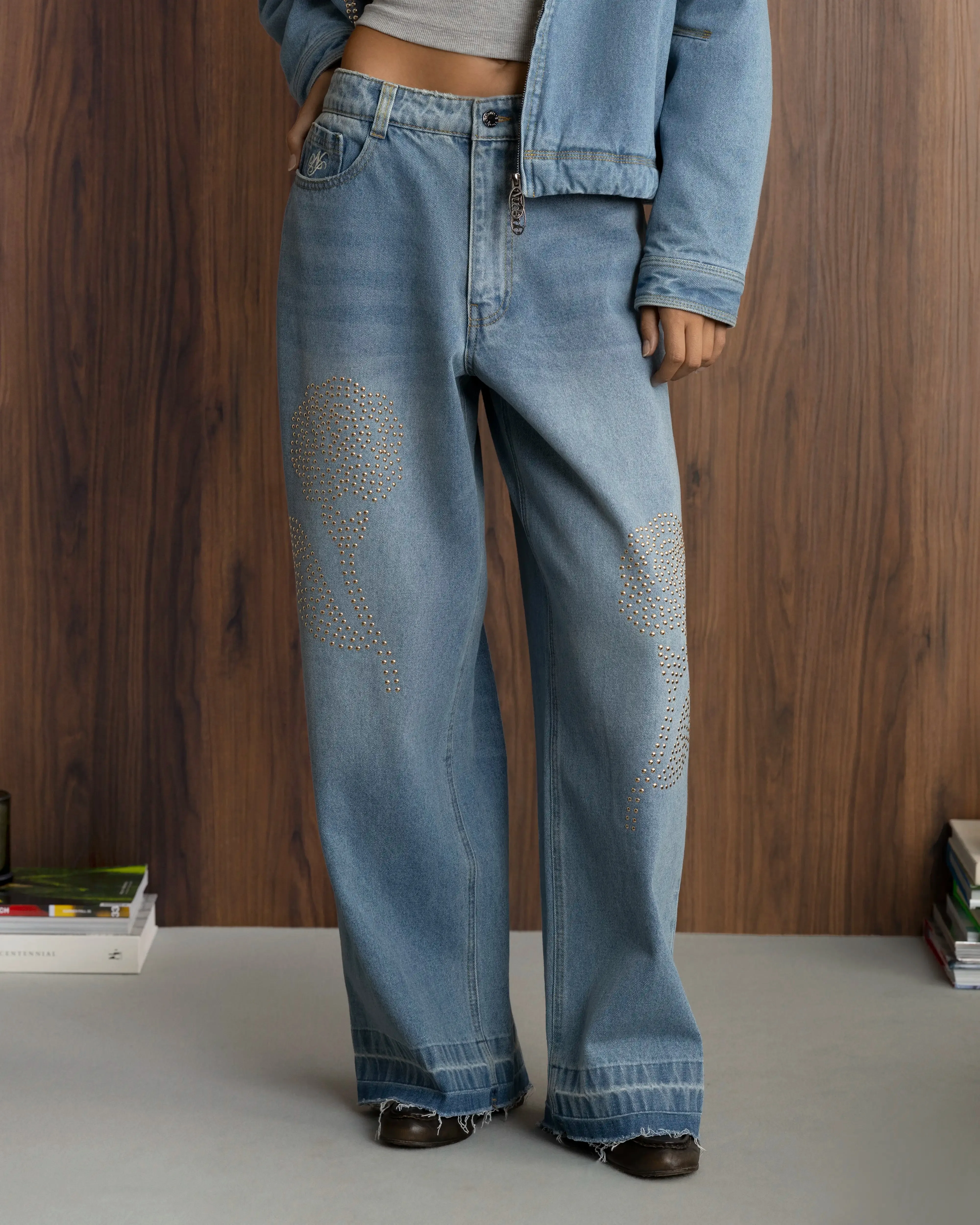 Breathable Lining Old Baggy Denim Fantasy Jewel Flowers