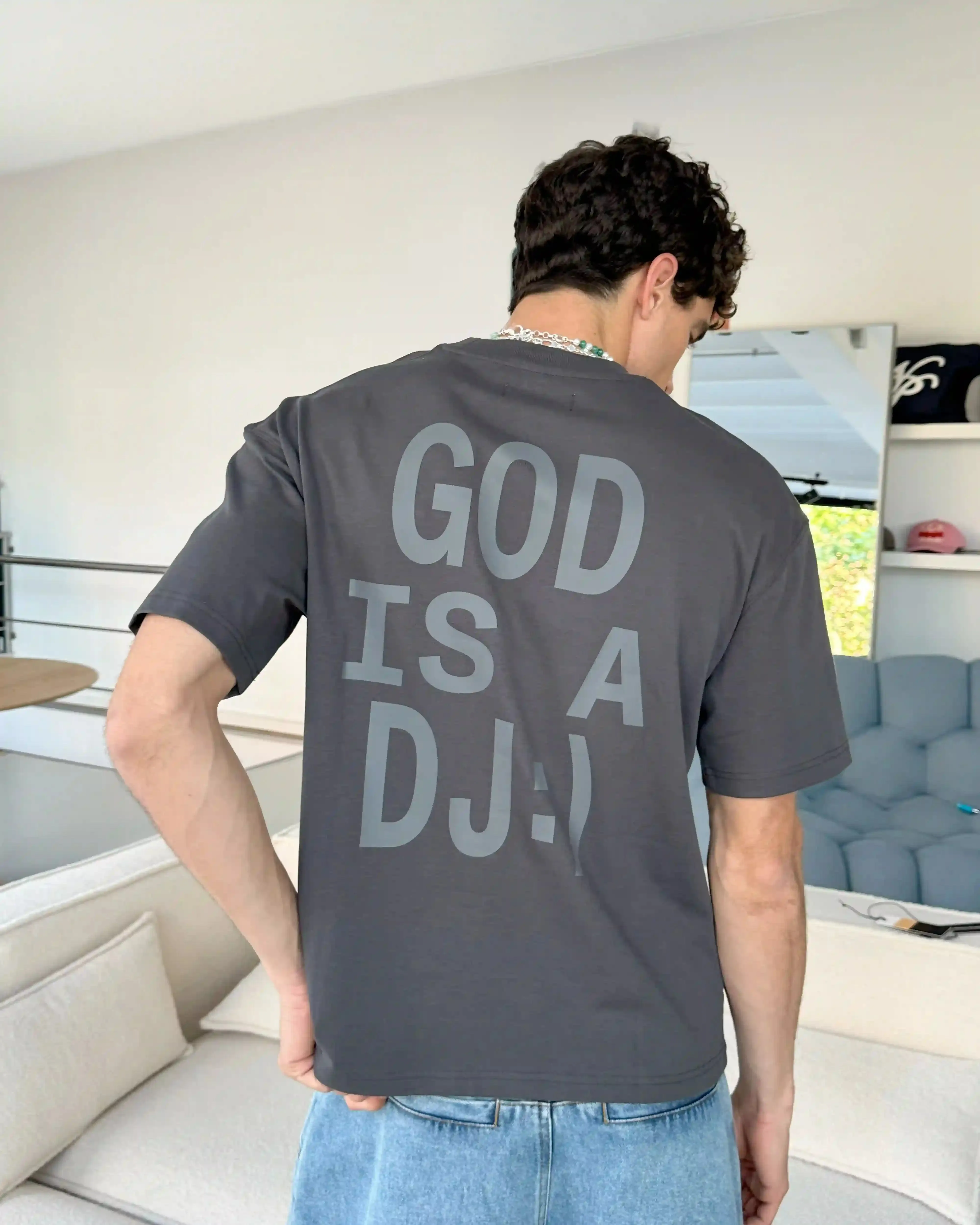 Breathable Cotton Fabric ZeroWaste Production God is a DJ Tee Ash