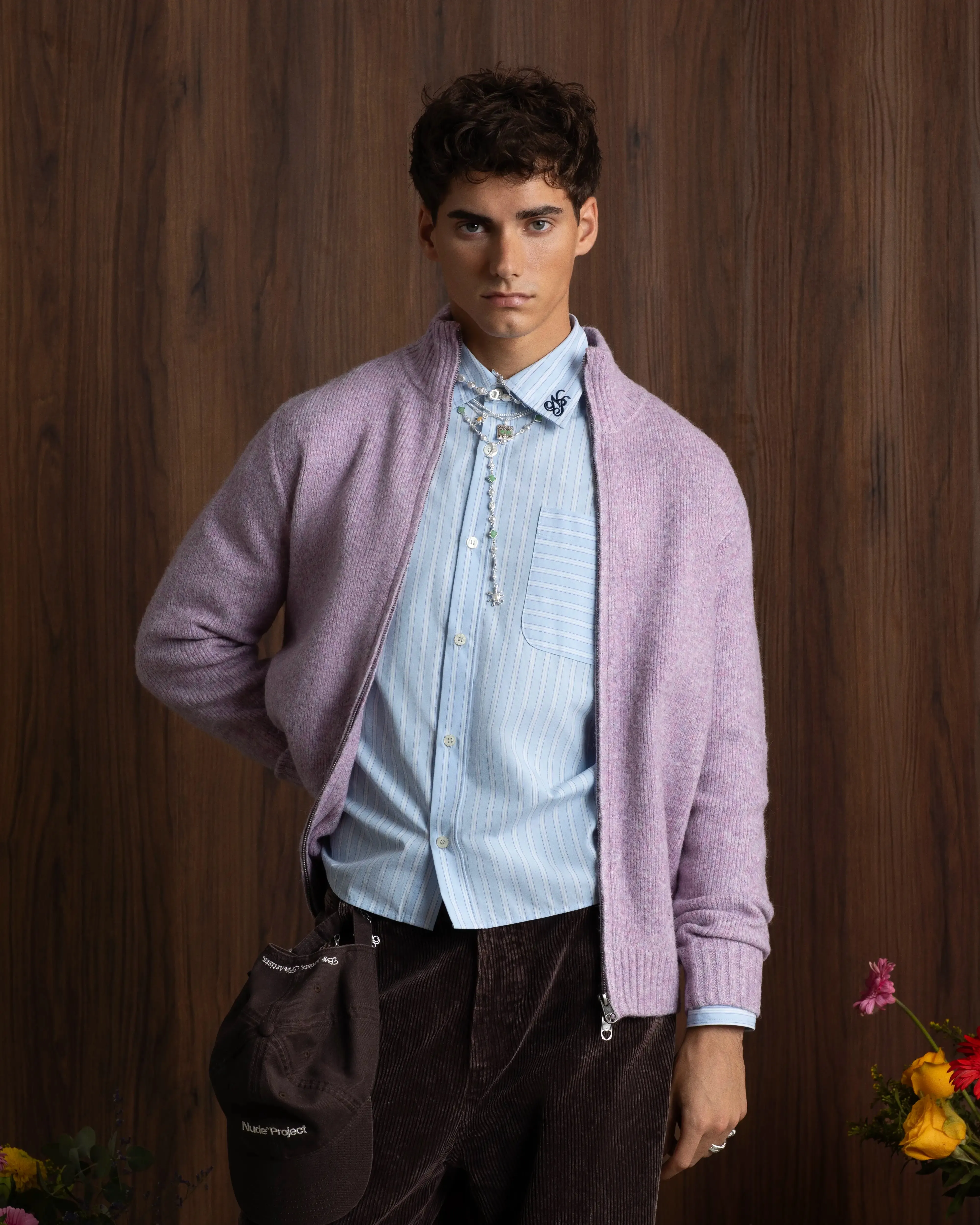 Sweet Zip-up Knit Lilac Hand Linked Seams Quiet Tone
