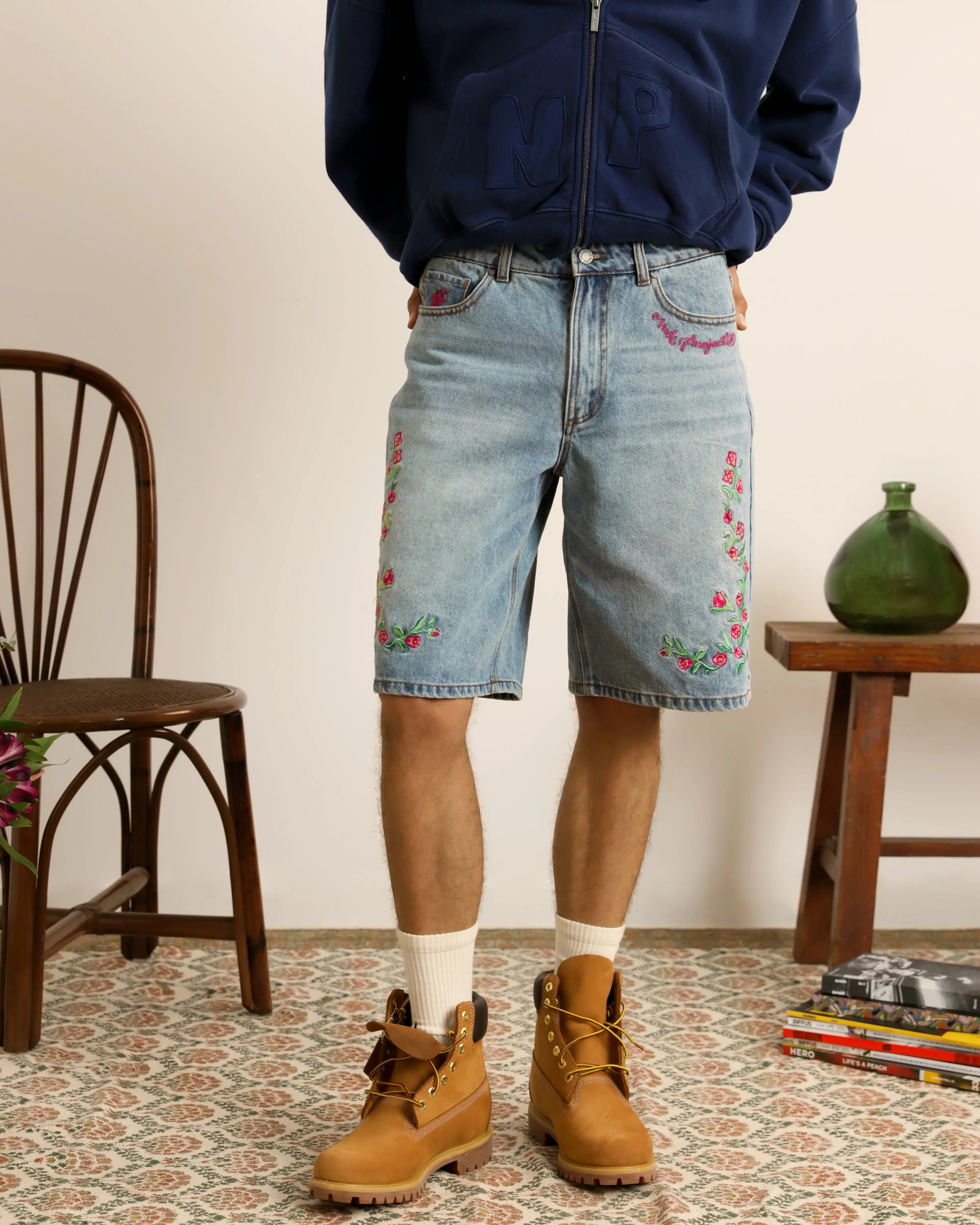 Flowers Denim Shorts Classic Fit Shopping Day Outdoor Enthusiast