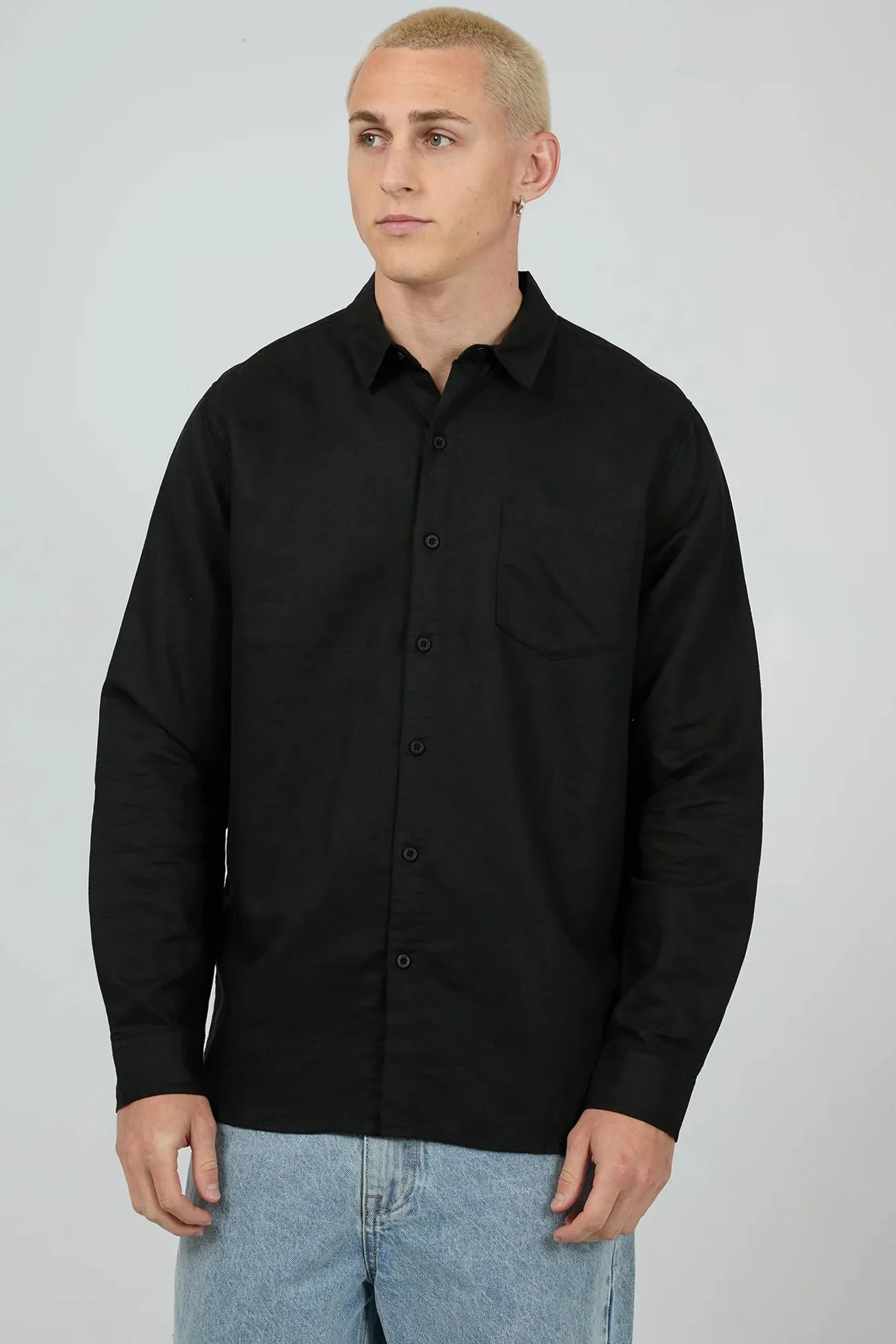 Linen Long Sleeve Shirt II Black Chilly Style Comfortable Stretch