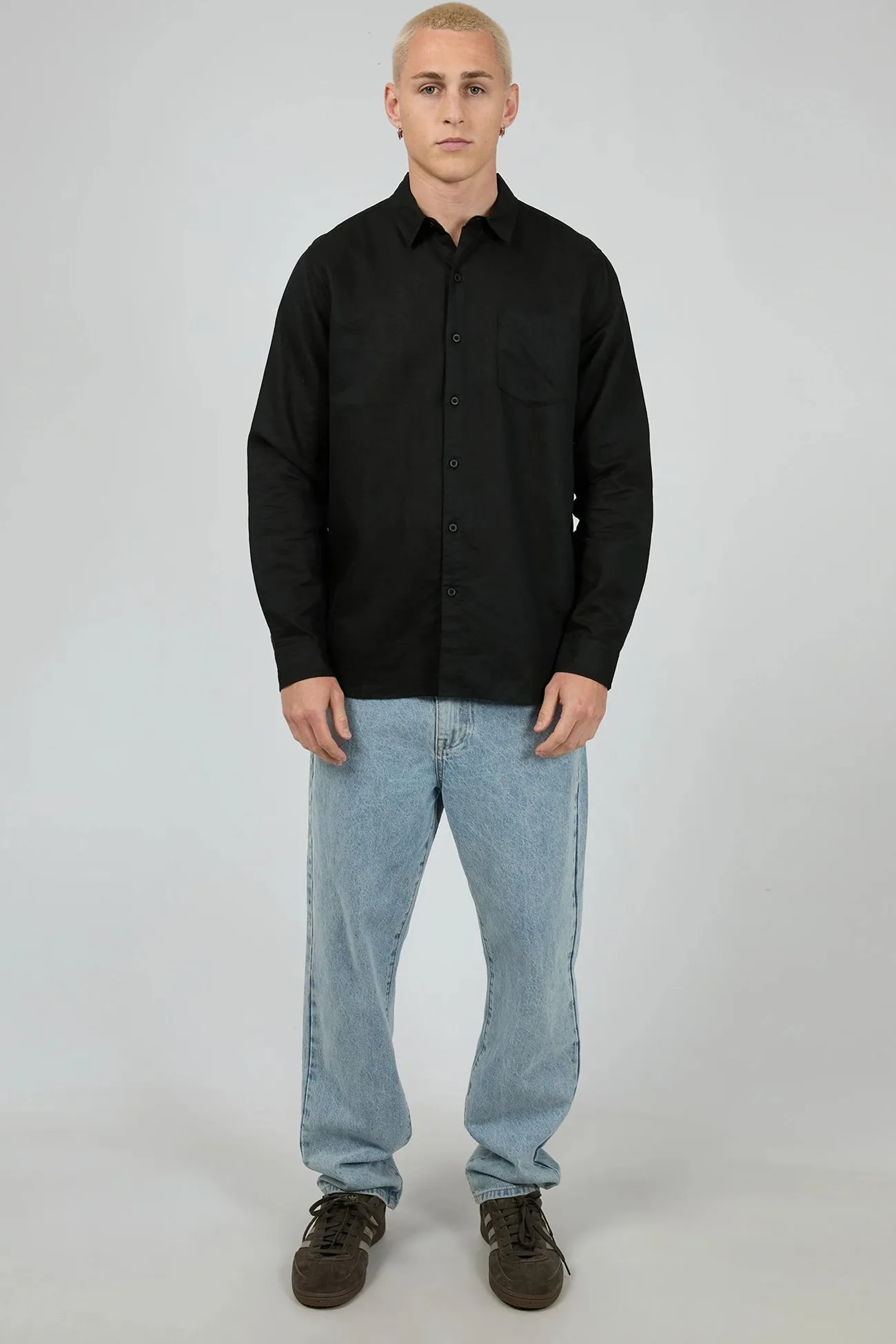 Linen Long Sleeve Shirt II Black Effortless Style Ruffled edges
