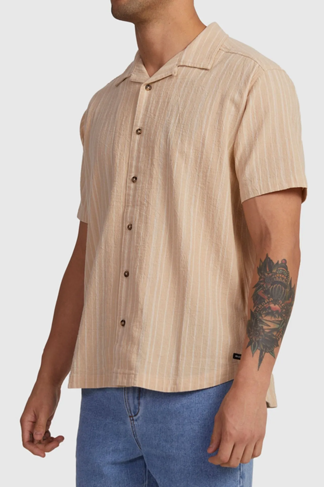 Cozy Apparel Comfortable All Day Wear Beat Stripe Short Sleeve Shirt Tan