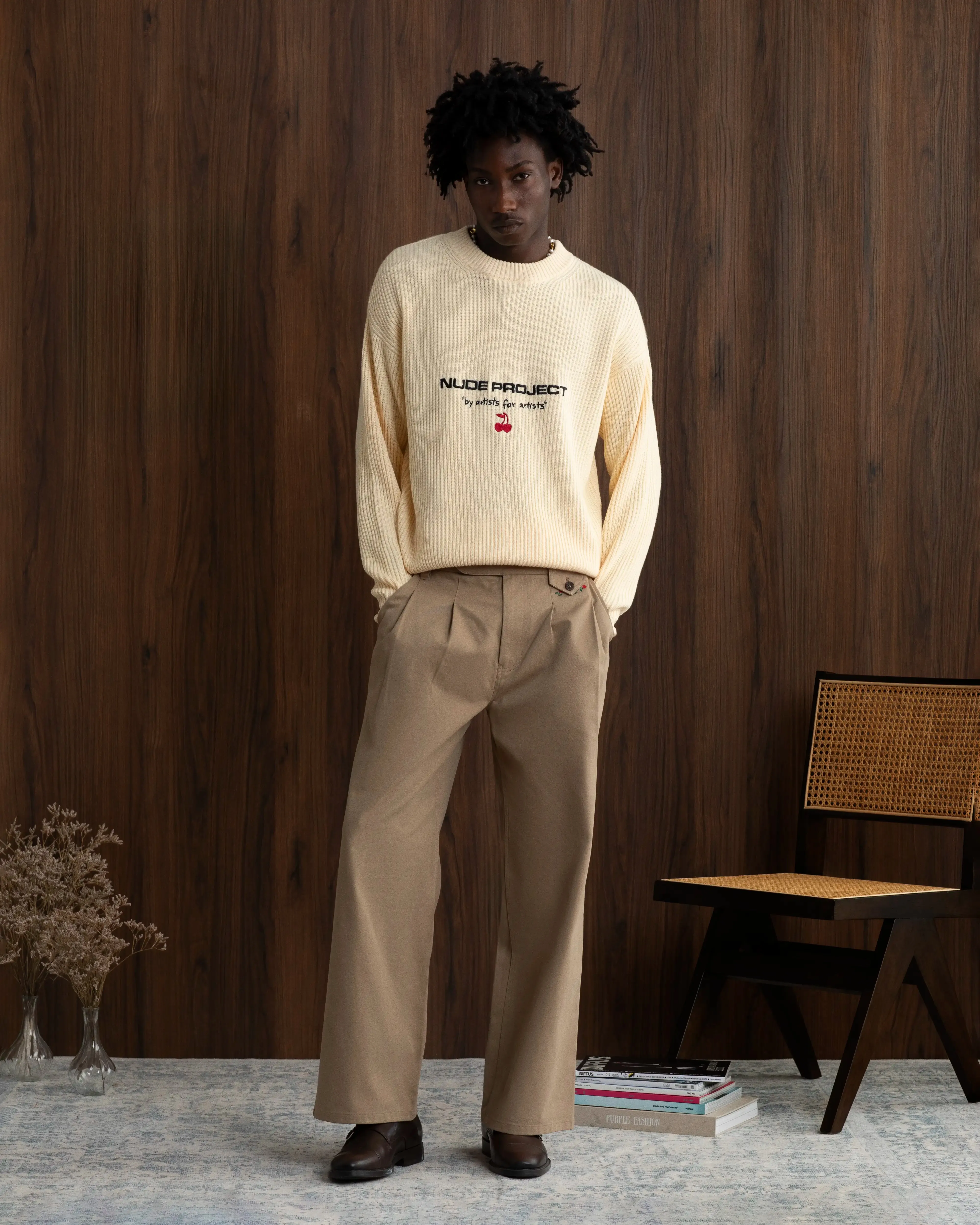 Wavy Knit Sweater Off-White Warm Essentials Crew Neckline