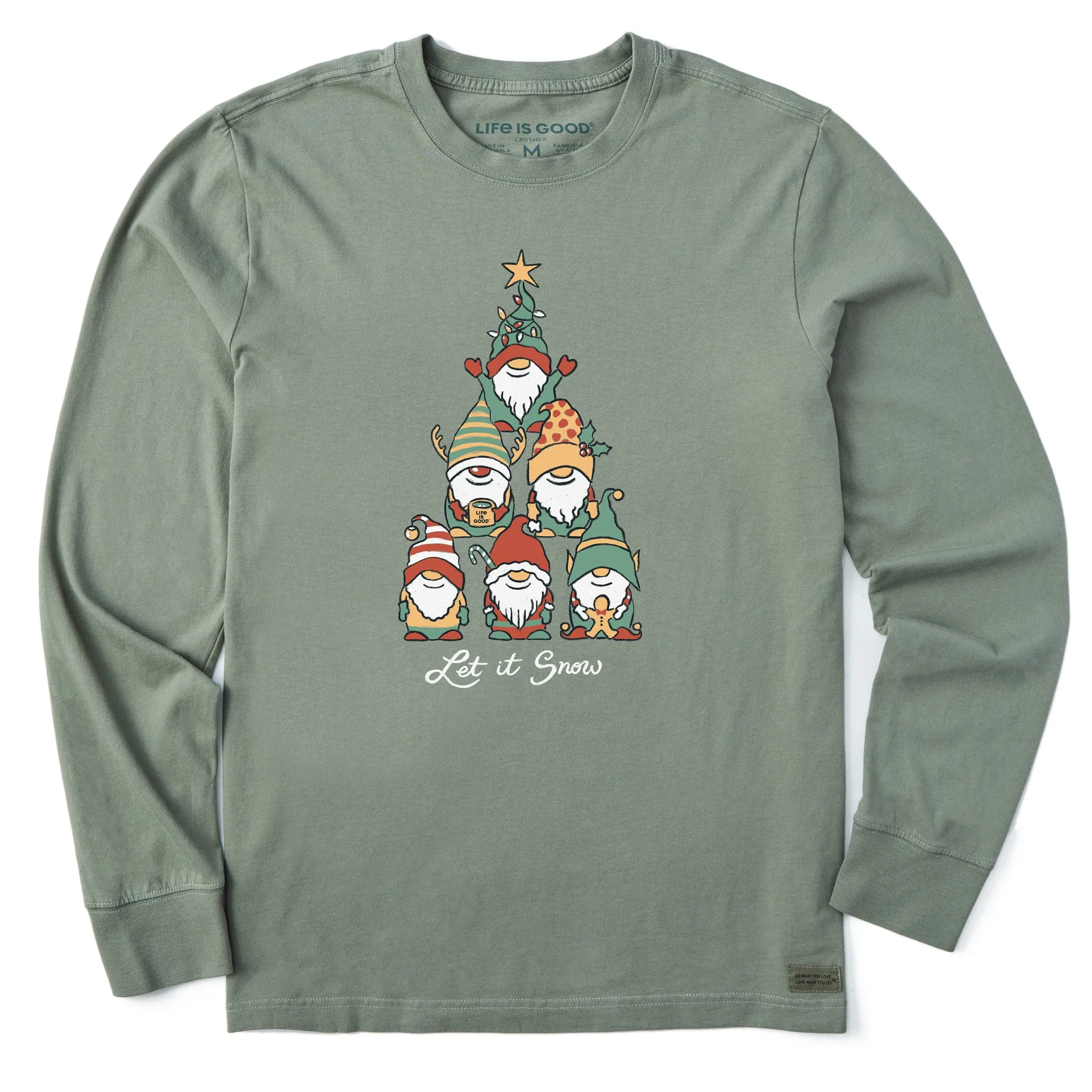 Men's Gnome Christmas Tree Long Sleeve Crusher Tee fade resistant color