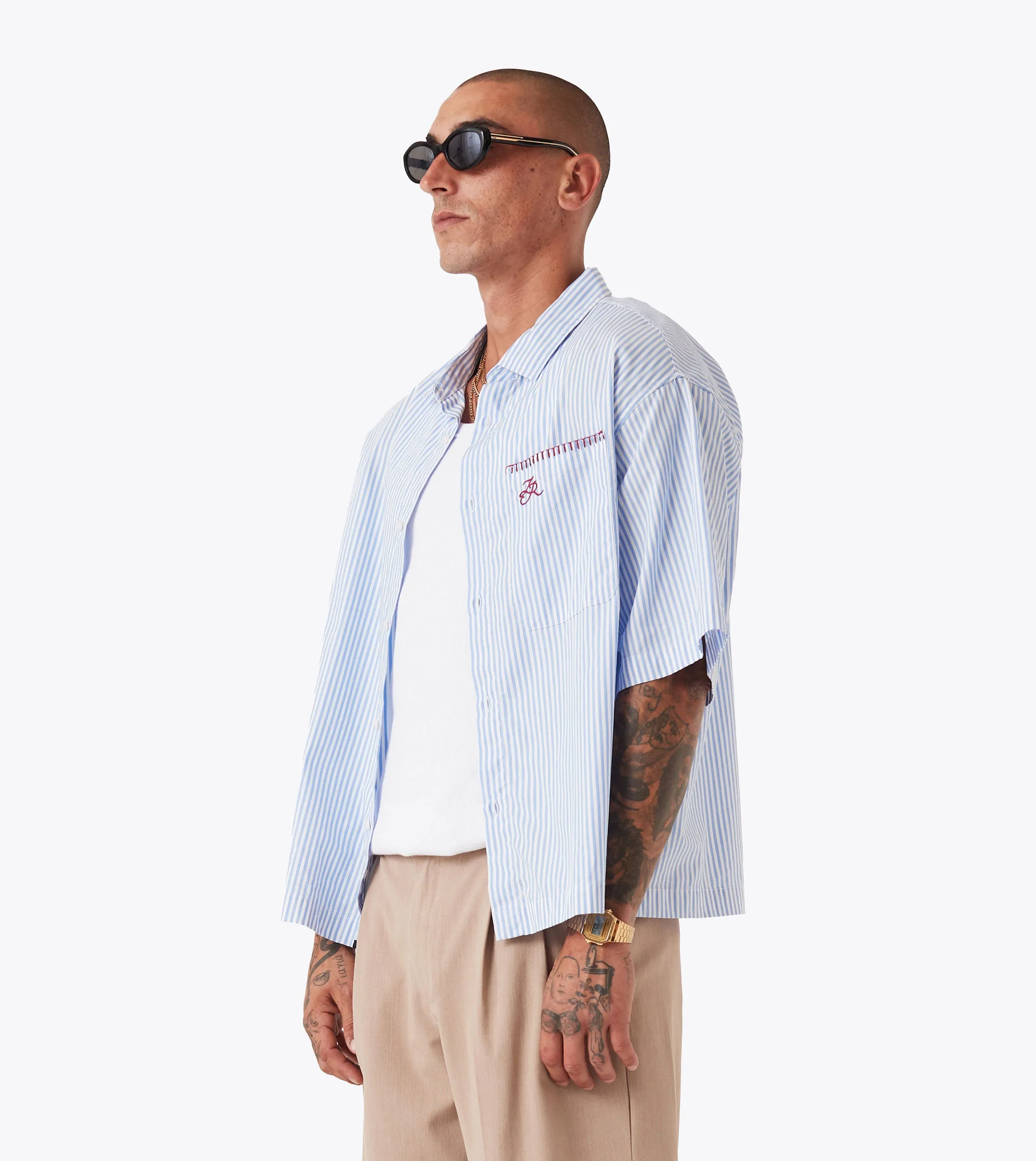 Fall Mood Trendy Boots Box Crop Shirt Blue Stripe