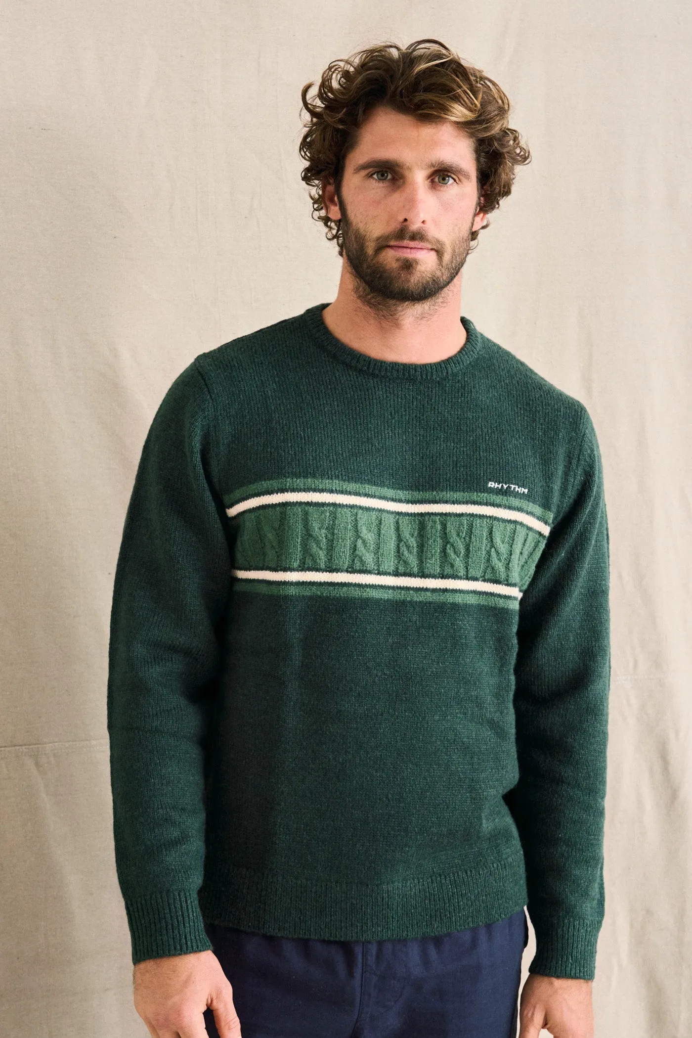Mohair Stripe Knit Dark Green Grab And Go Hand Linked Seams