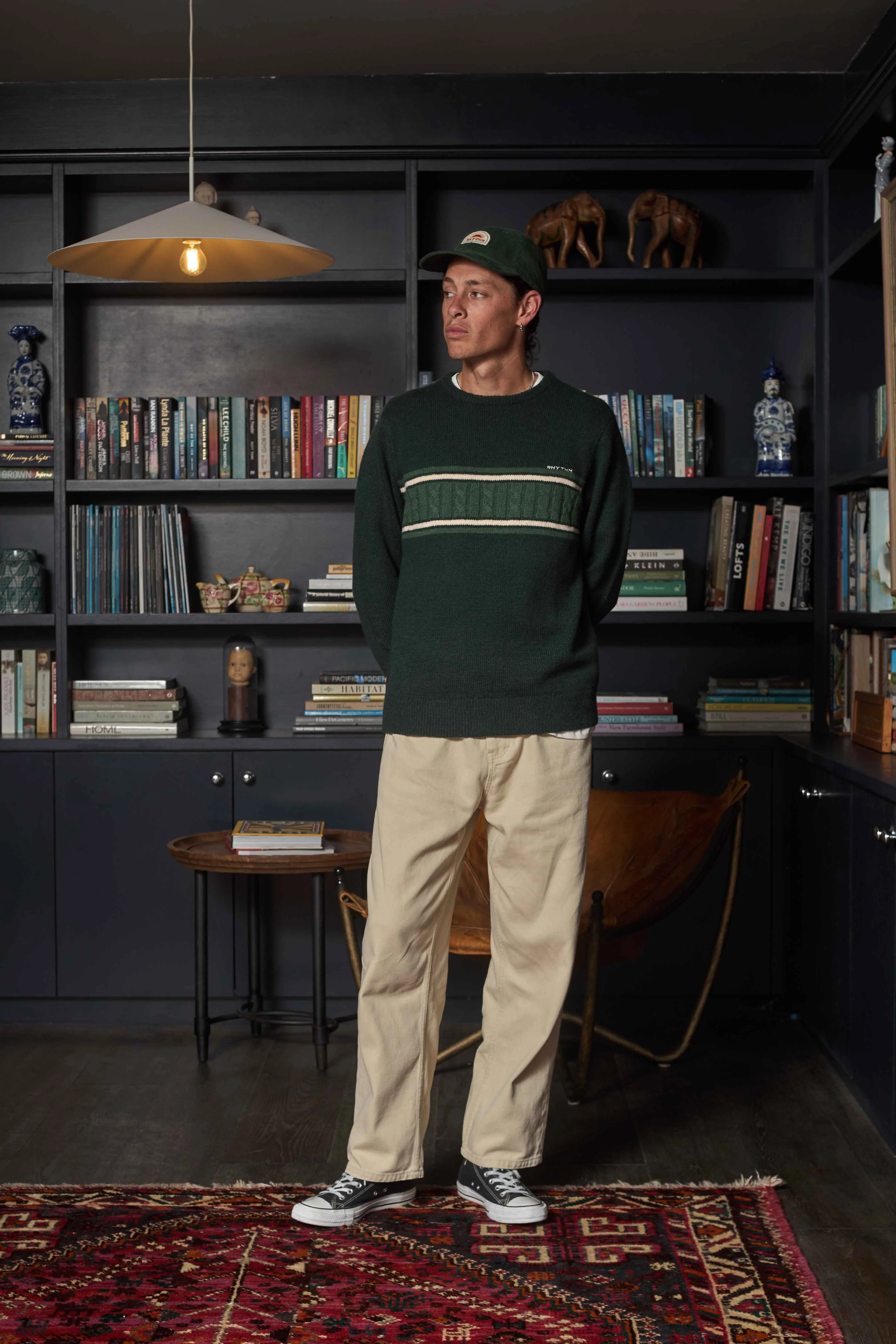 Mohair Stripe Knit Dark Green Chic Casual Outfit