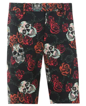 Casual Fit Multi Directional Flex Tattoo Golf: Men's Sugar Skull Cool-Stretch Golf Shorts - Black/Red