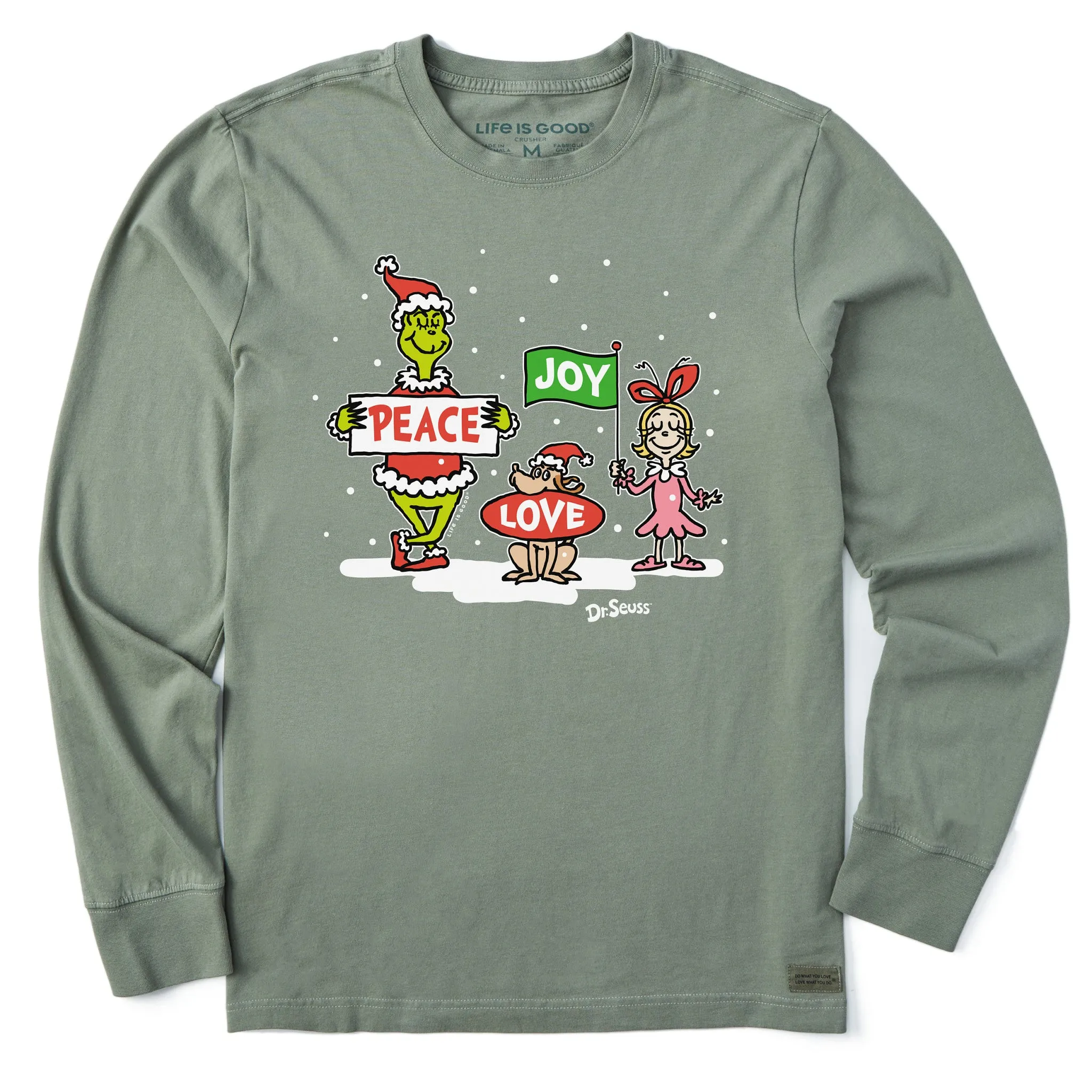 Men's Grinch Peace Love Joy Long Sleeve Crusher Tee Lightweight Fabric Performance Layer