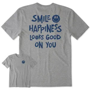 Men's Wordsmith Smile Happiness Looks Good Short Sleeve Crusher Tee Layered Collar