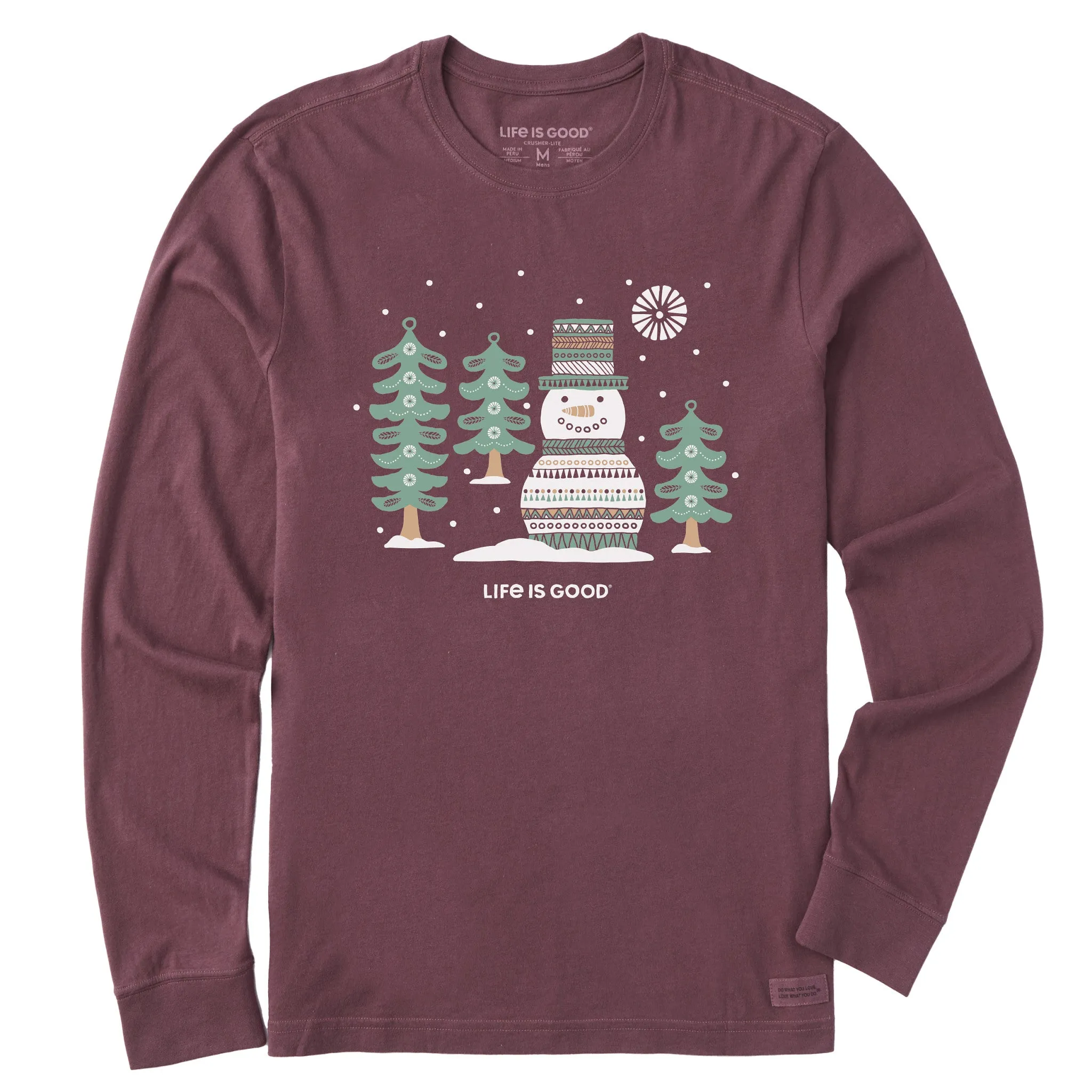 Men's Snowman and Trees Long Sleeve Crusher Tee Comfy and Soft Beachwear