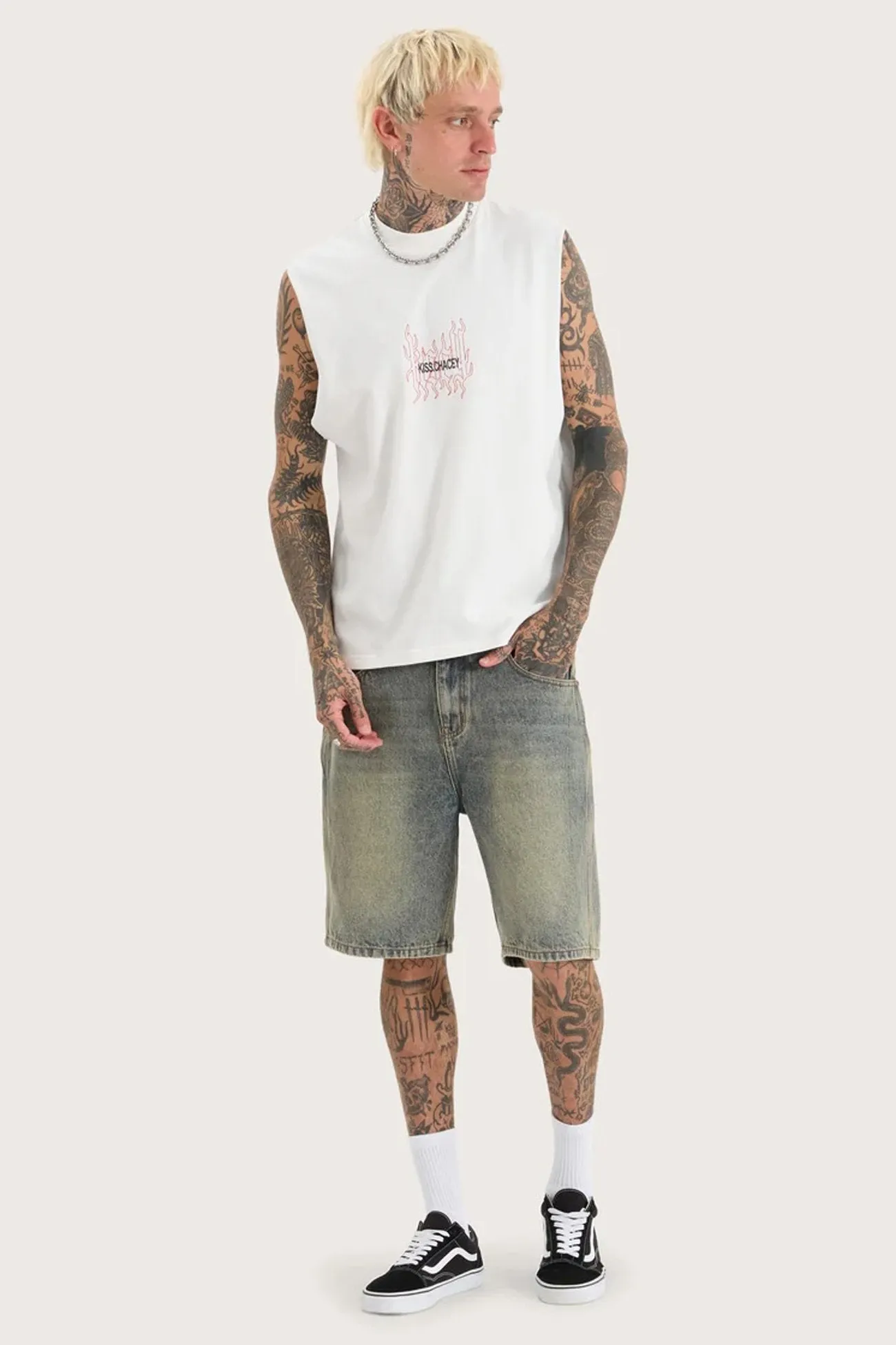 Minimal Design Trendy Top Destructed Street Muscle Natural White