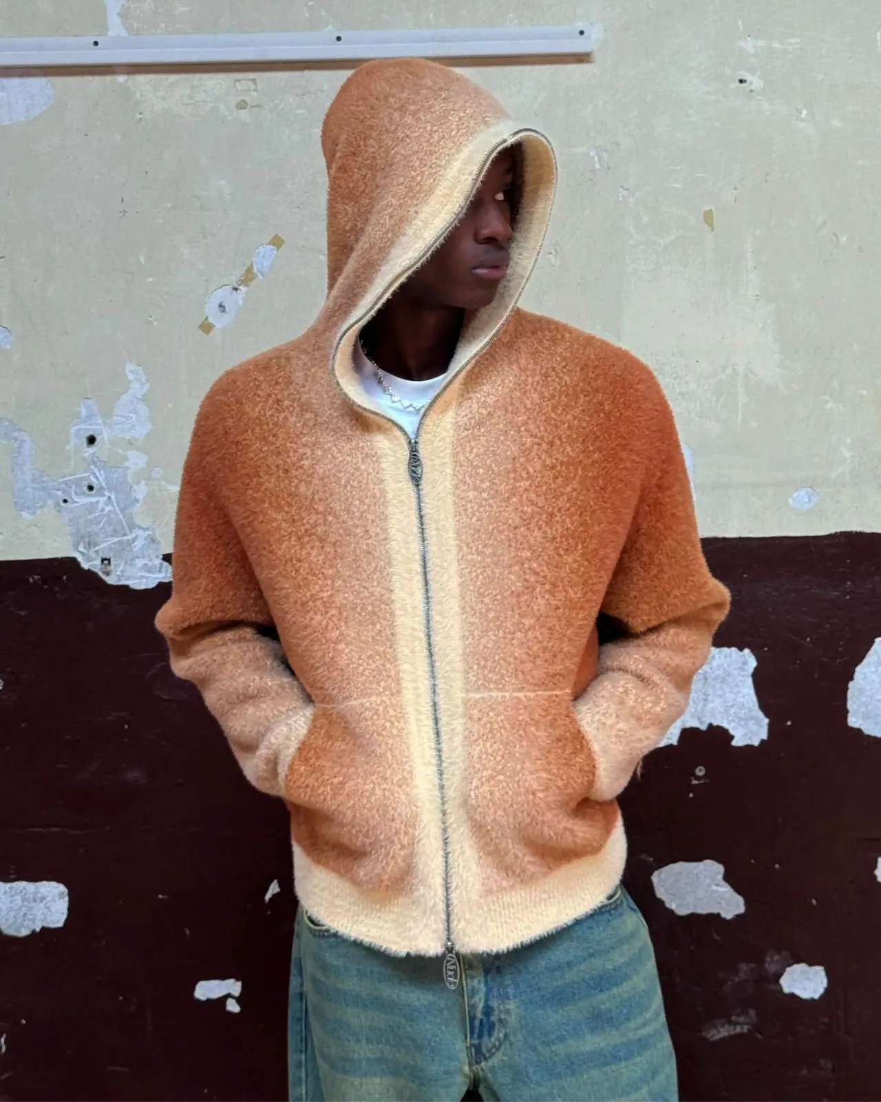 Gradient Zip-Up Knit Hoodie Brown Modern Comforted