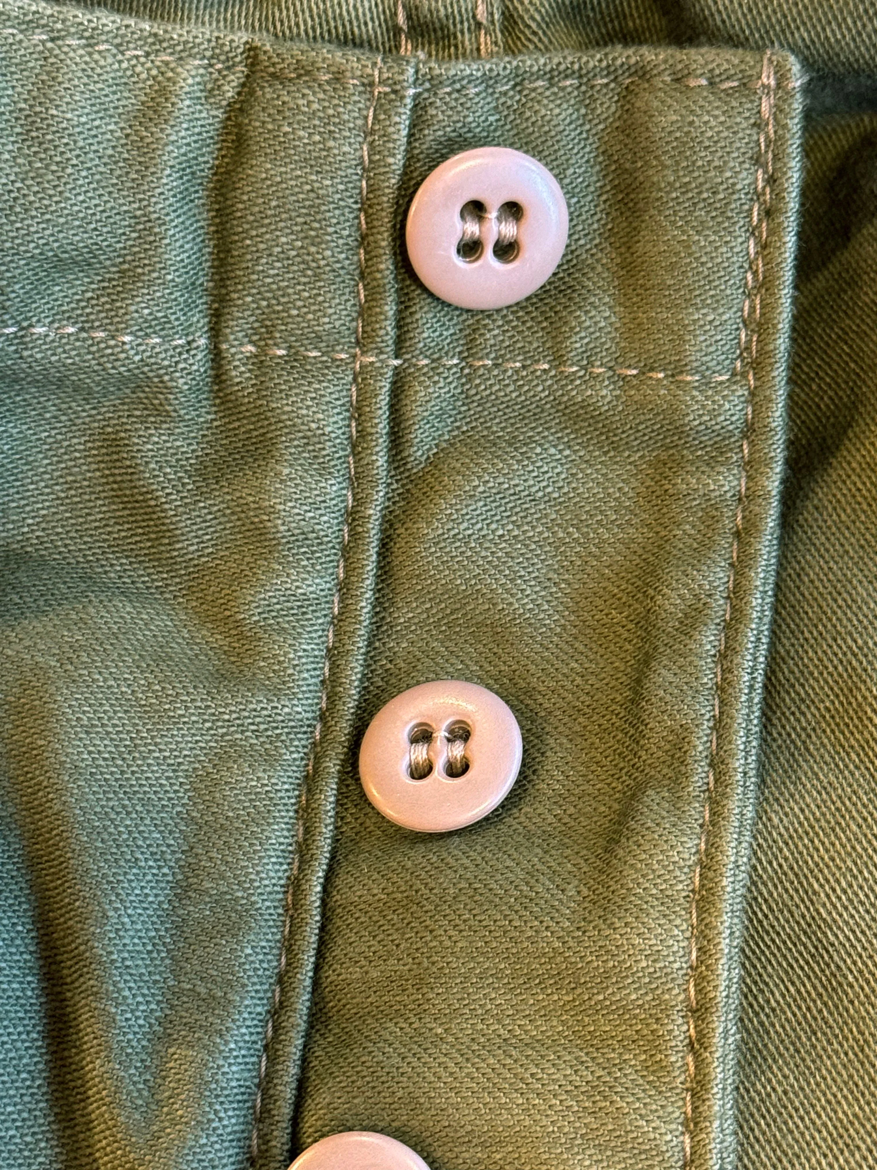 Versatile Design Easy Care Fabric Finish OG-107 60's era GI chinos in 12 oz West Point Olive Baker Back Cotton Satin