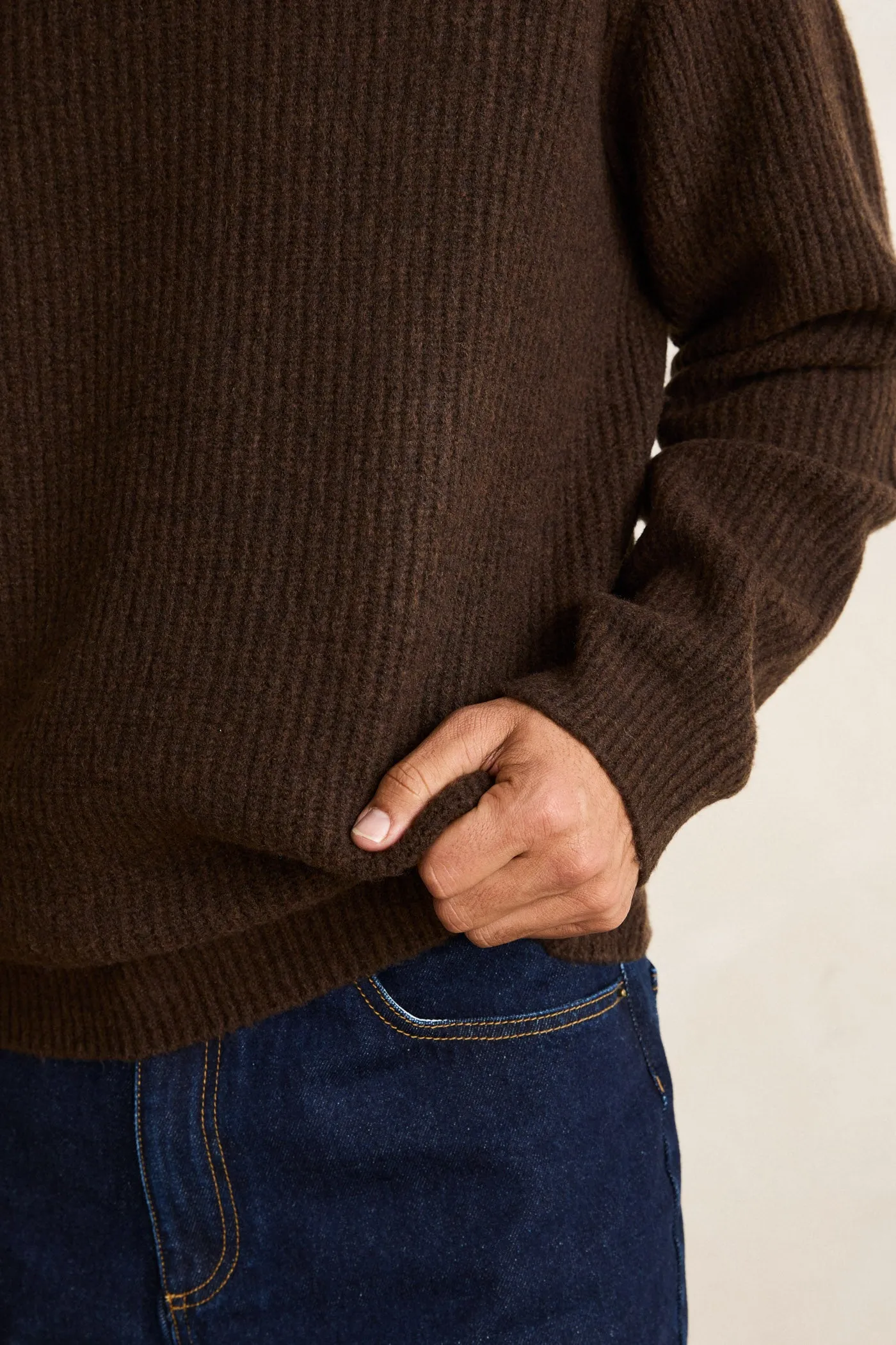 Breathable Material Ribbed Hemline Vintage Waffle Knit Sweater Chocolate