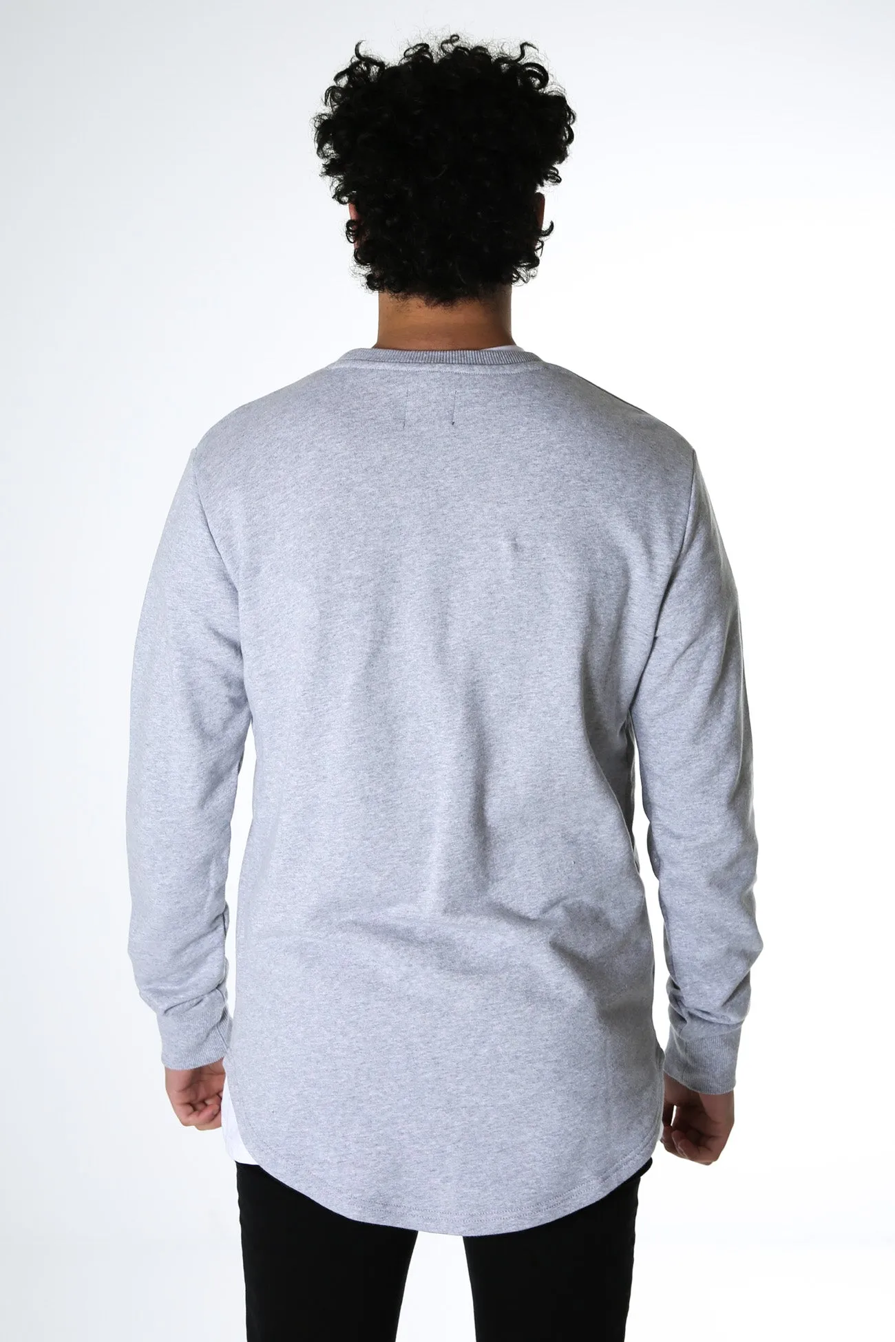 Curved Hem Crew Grey Marle Comfy Layer right for beach trips