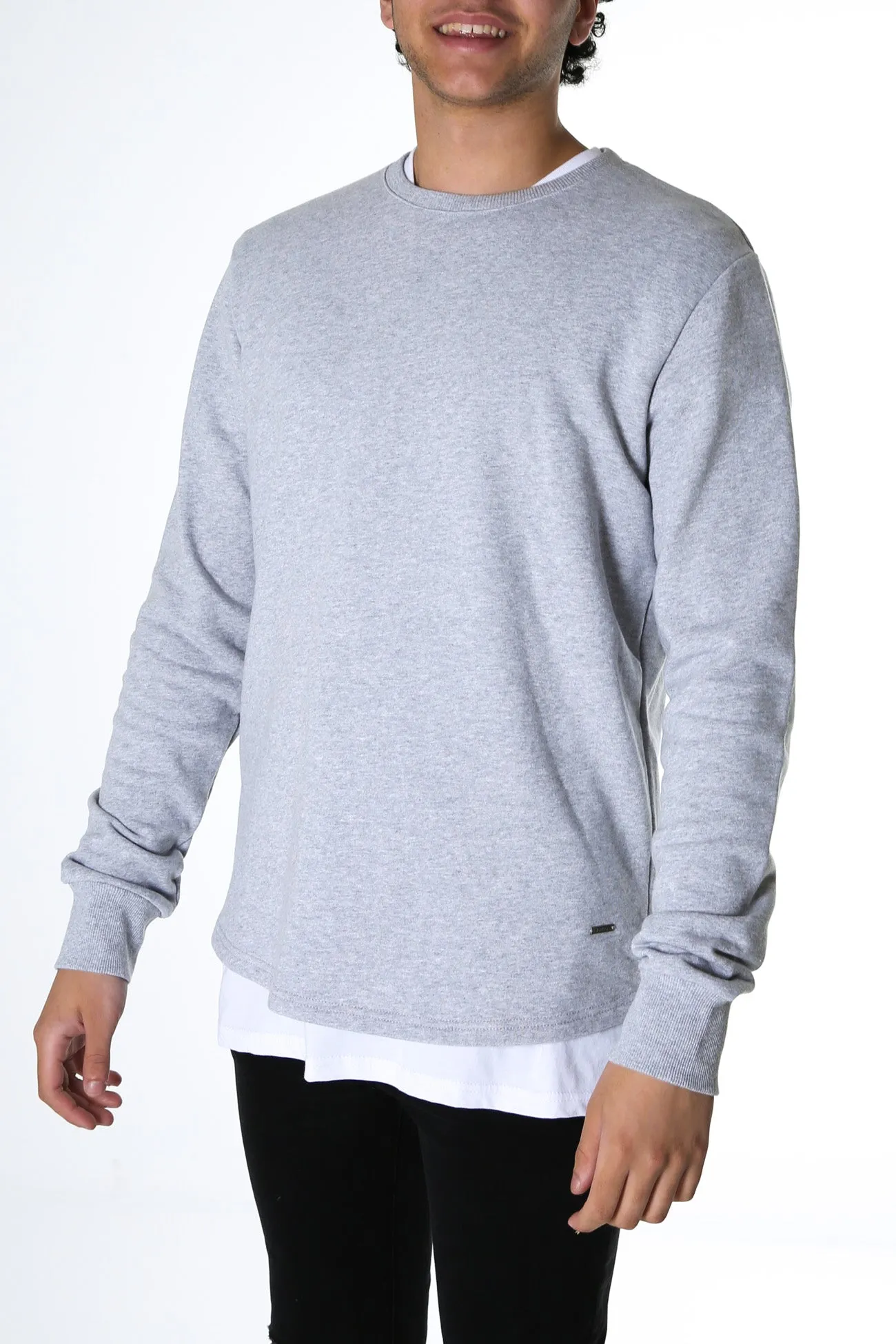 Curved Hem Crew Grey Marle Layer Up goes with shorts